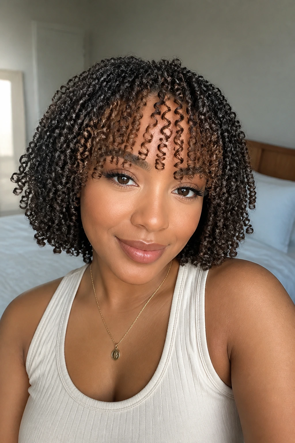 Close-up of a woman with a spring twist bob and curly bangs across the forehead.