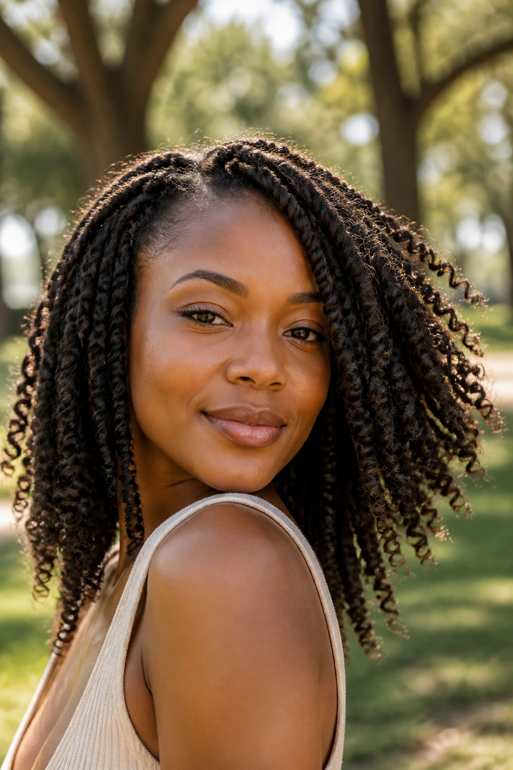 Close-up of a real woman with spring twists in a sunlit park
