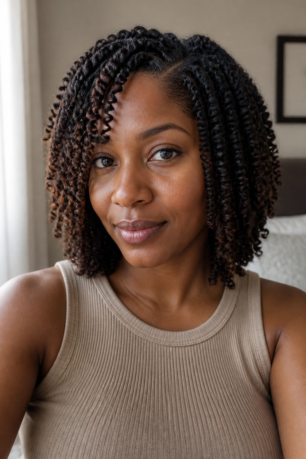 Close-up of a real woman with spring twists framing the jaw in natural bedroom light
