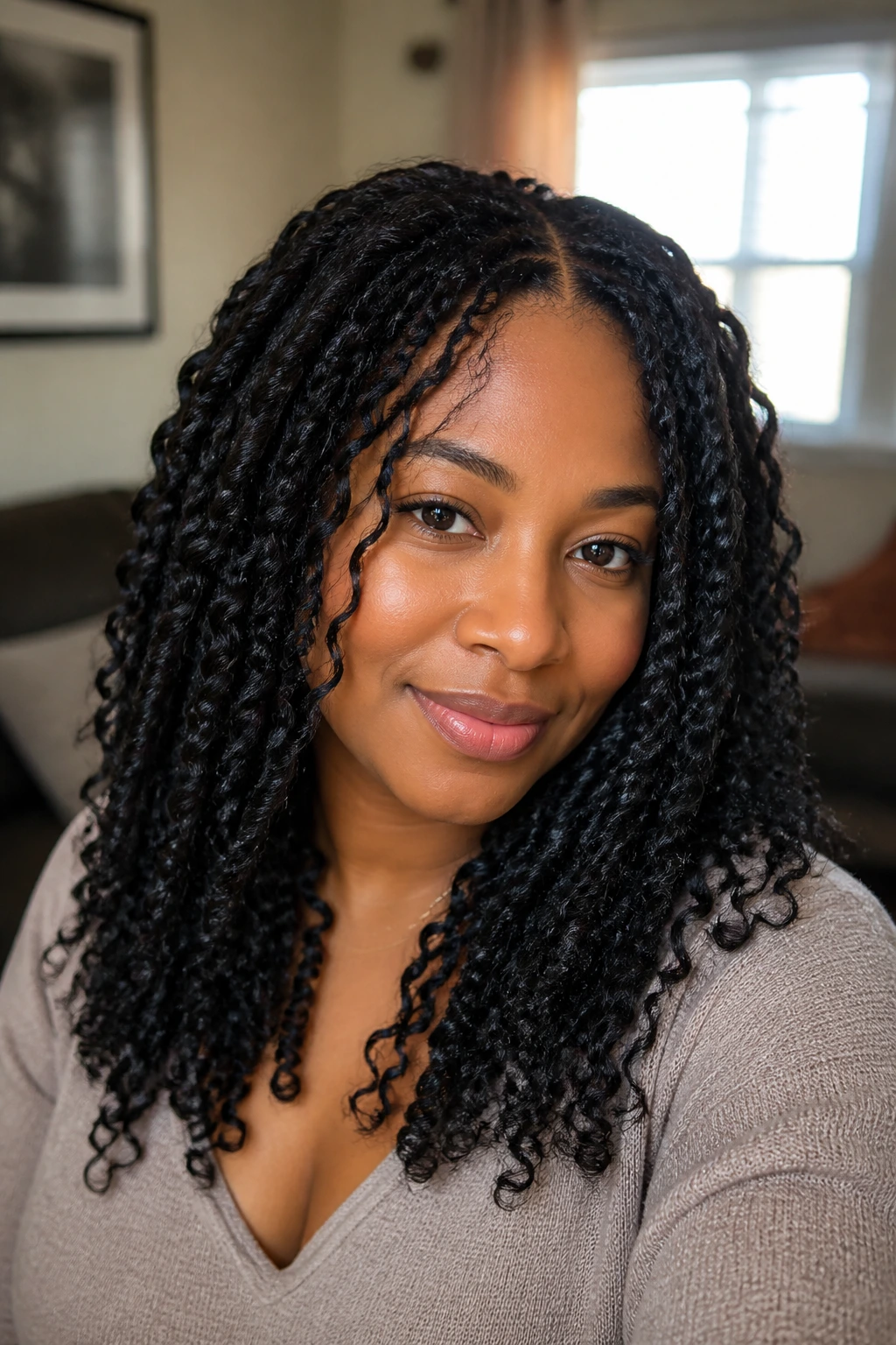 Close-up portrait of a real woman with spring twists and a clean middle part in a cozy living room
