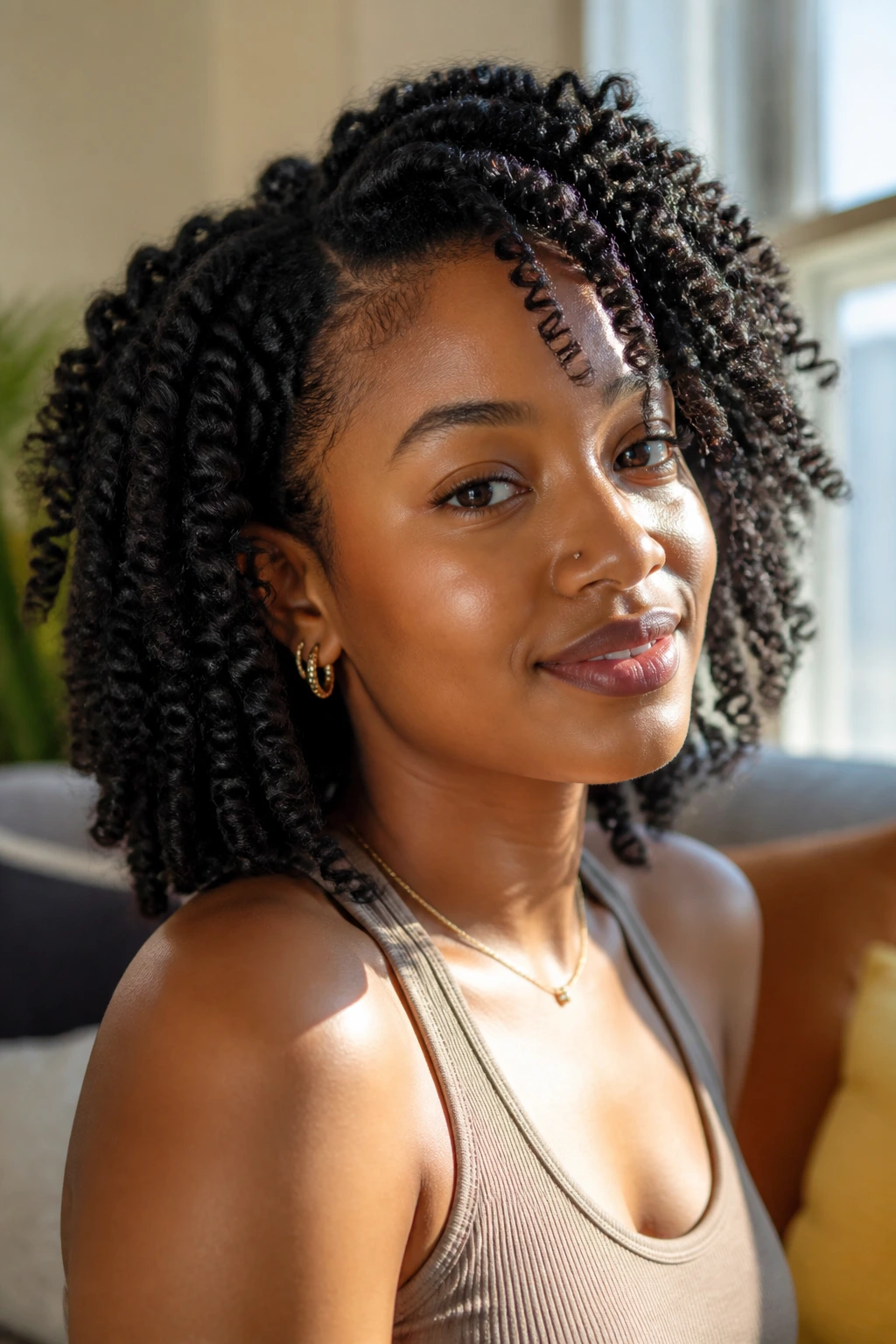 Close-up portrait of a real woman with spring twists showing textured coils