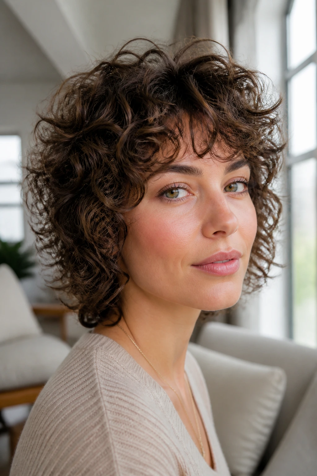 Close-up of springy 3A curls with lifted crown on a real person in a bright room