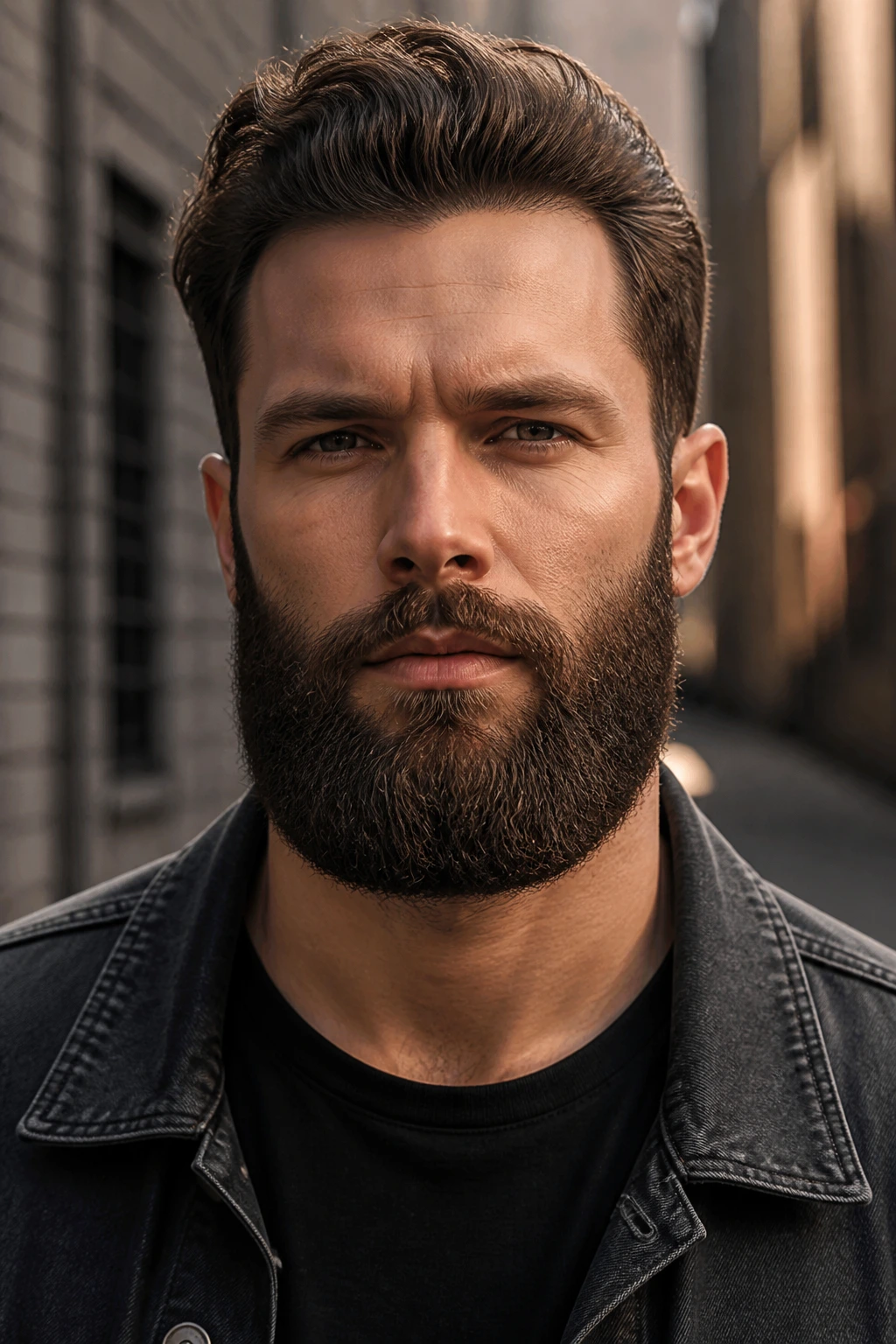 Close-up of a man with square beard and defined jaw on an urban backdrop