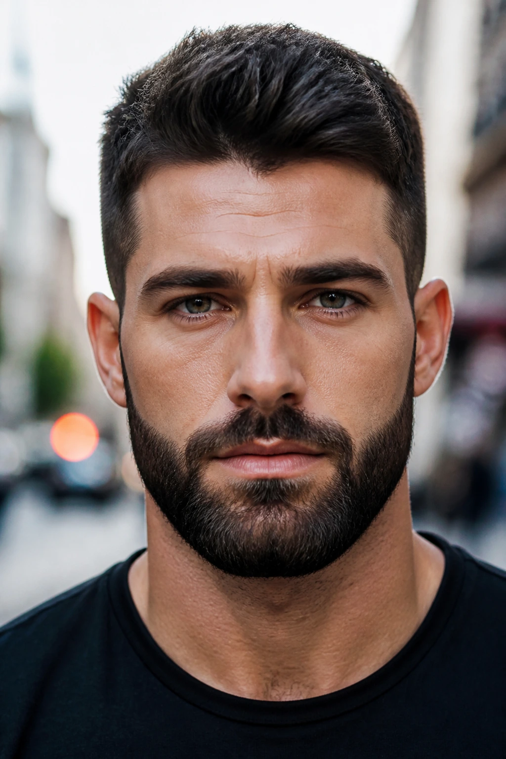 Close-up of a man with a square beard on an urban street
