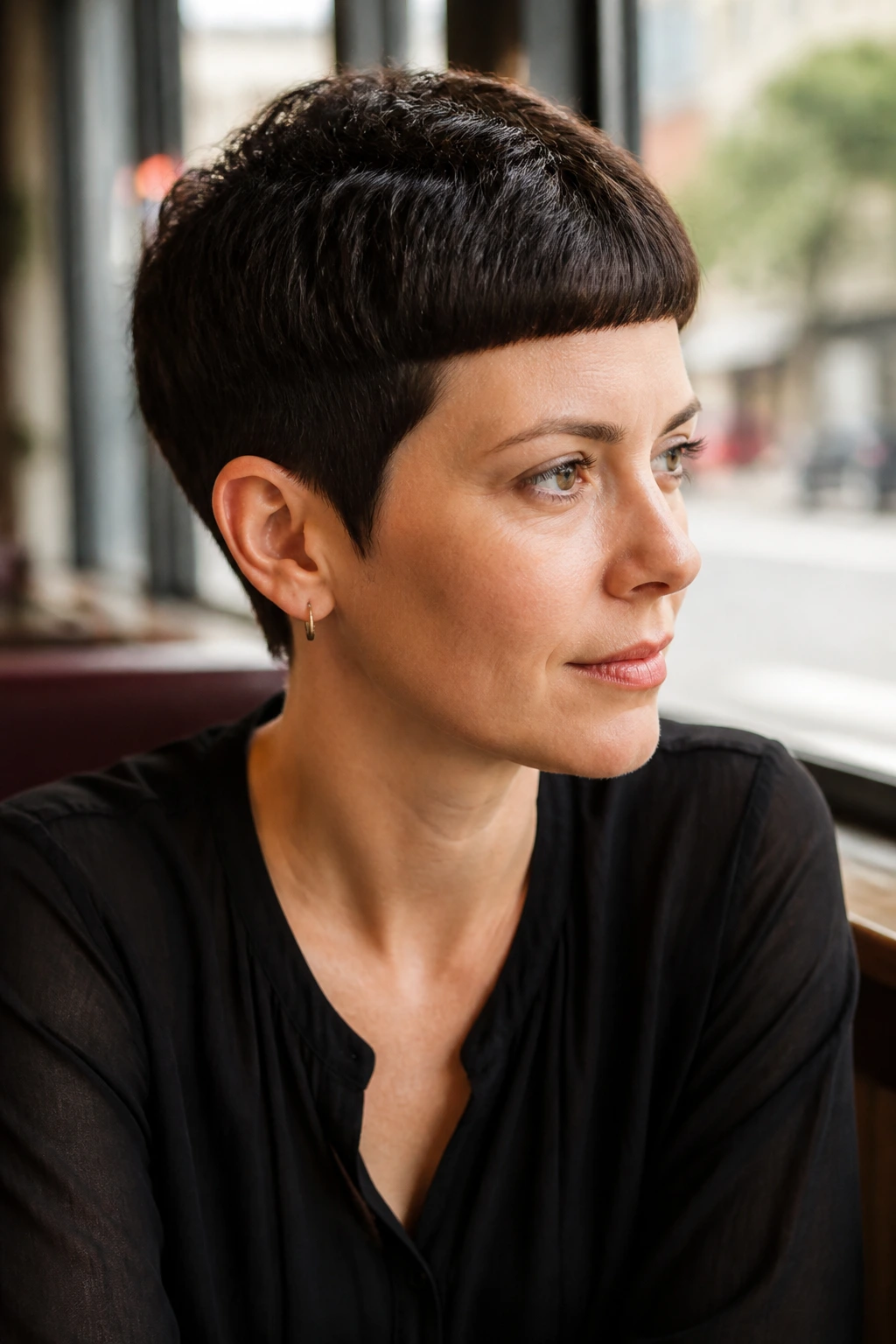 Real woman with square-edged pixie at cafe window