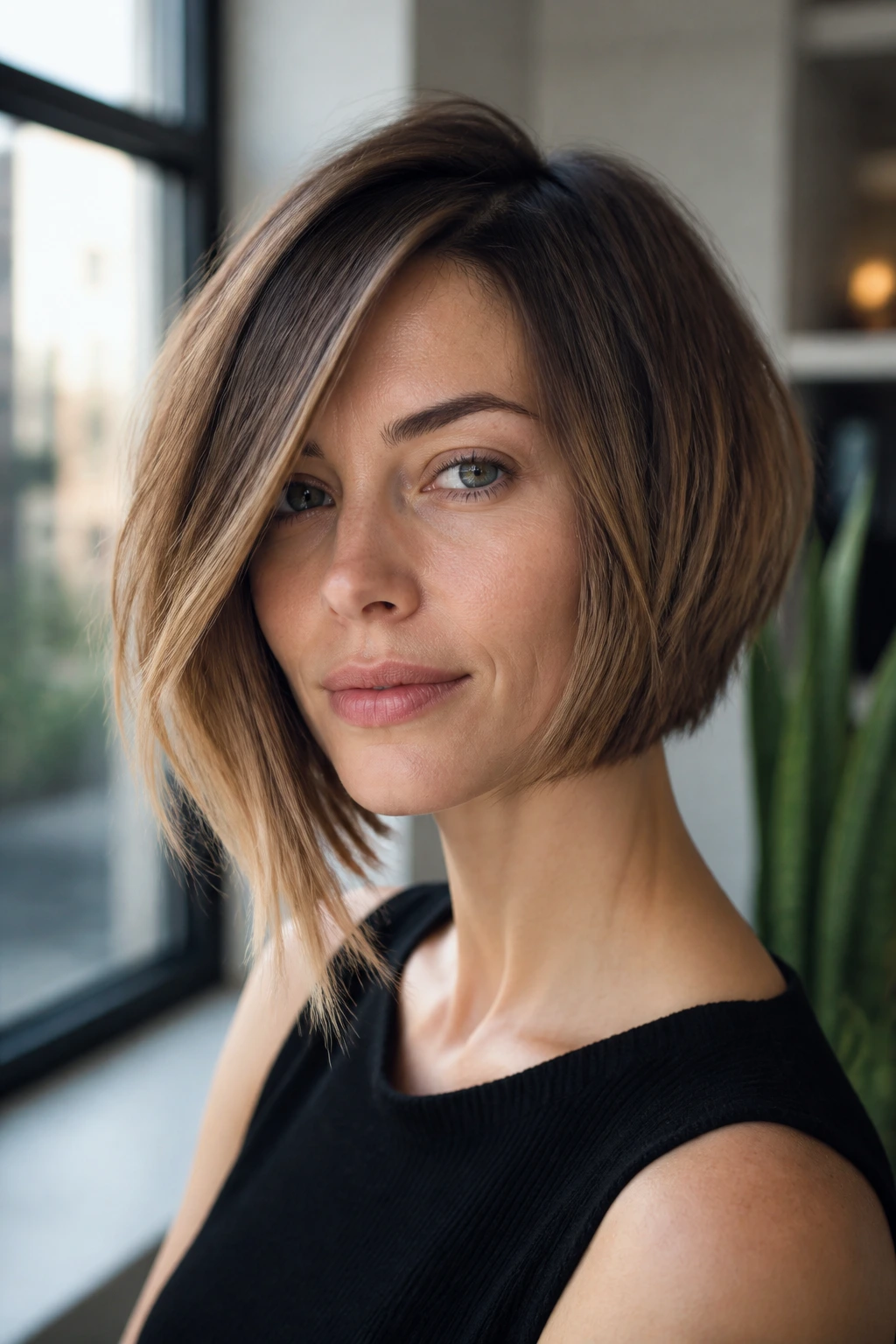 Close-up of a real woman with asymmetrical bob for square faces