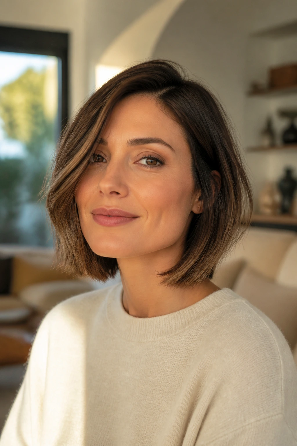 Portrait of a woman with a softly softened bob and off-center part on a square face