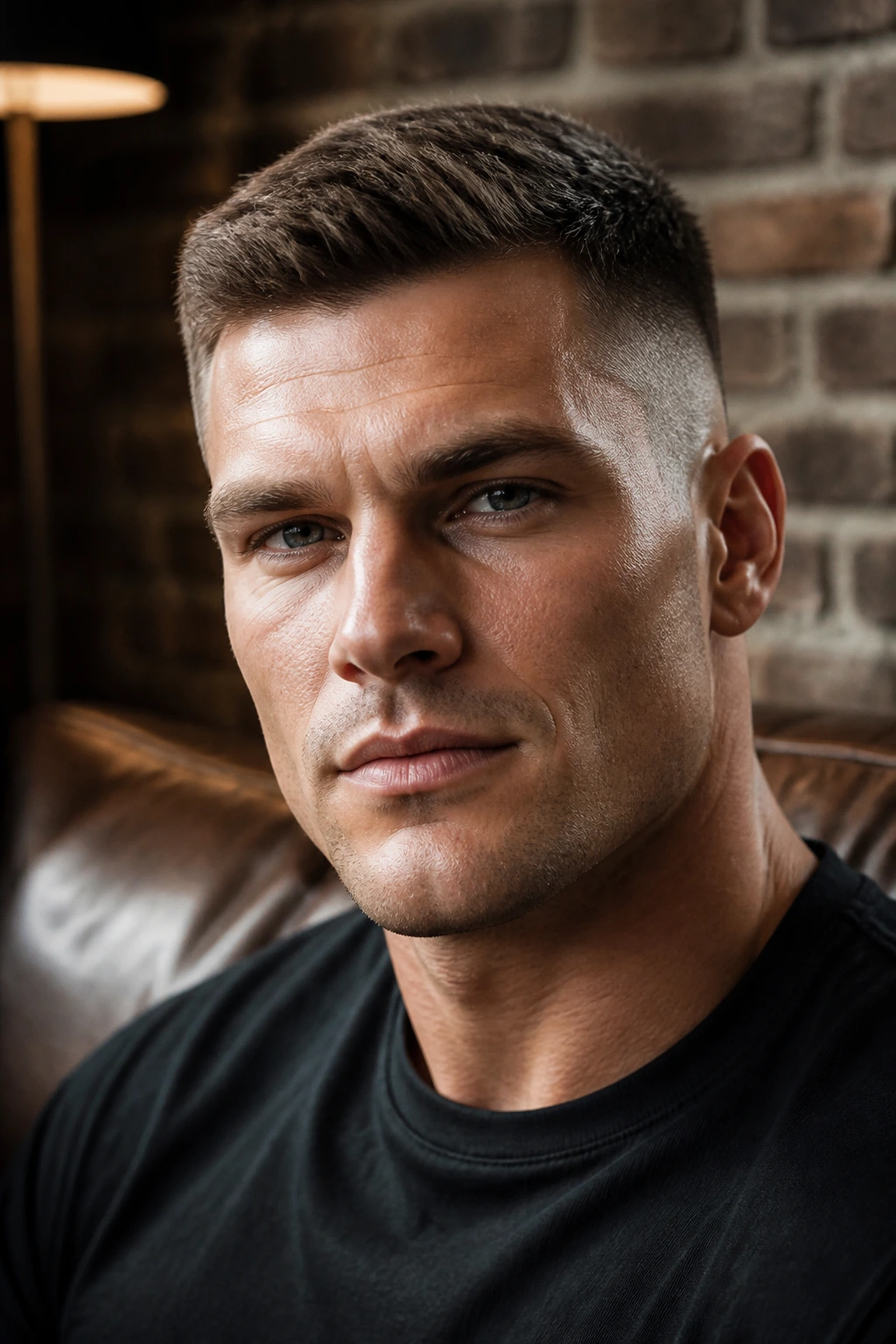 Close-up portrait of a real man with a square-face crew cut
