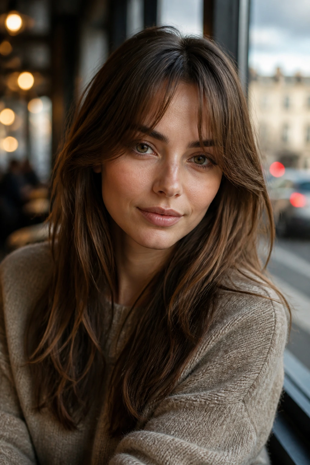 Close-up portrait of a real woman with square-face softening curtain bangs grazing cheekbones