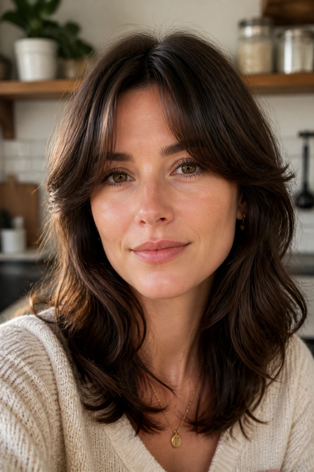 Close-up portrait of a real woman with square-face softening curtain bangs in soft daylight