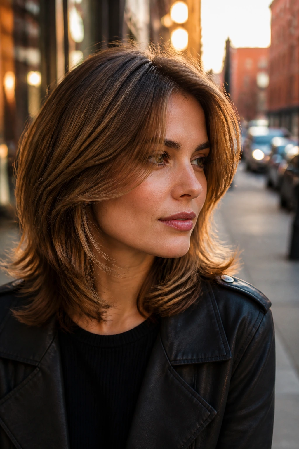 Close-up of a real woman with feathered cut softening a square jawline on a city street at golden hour