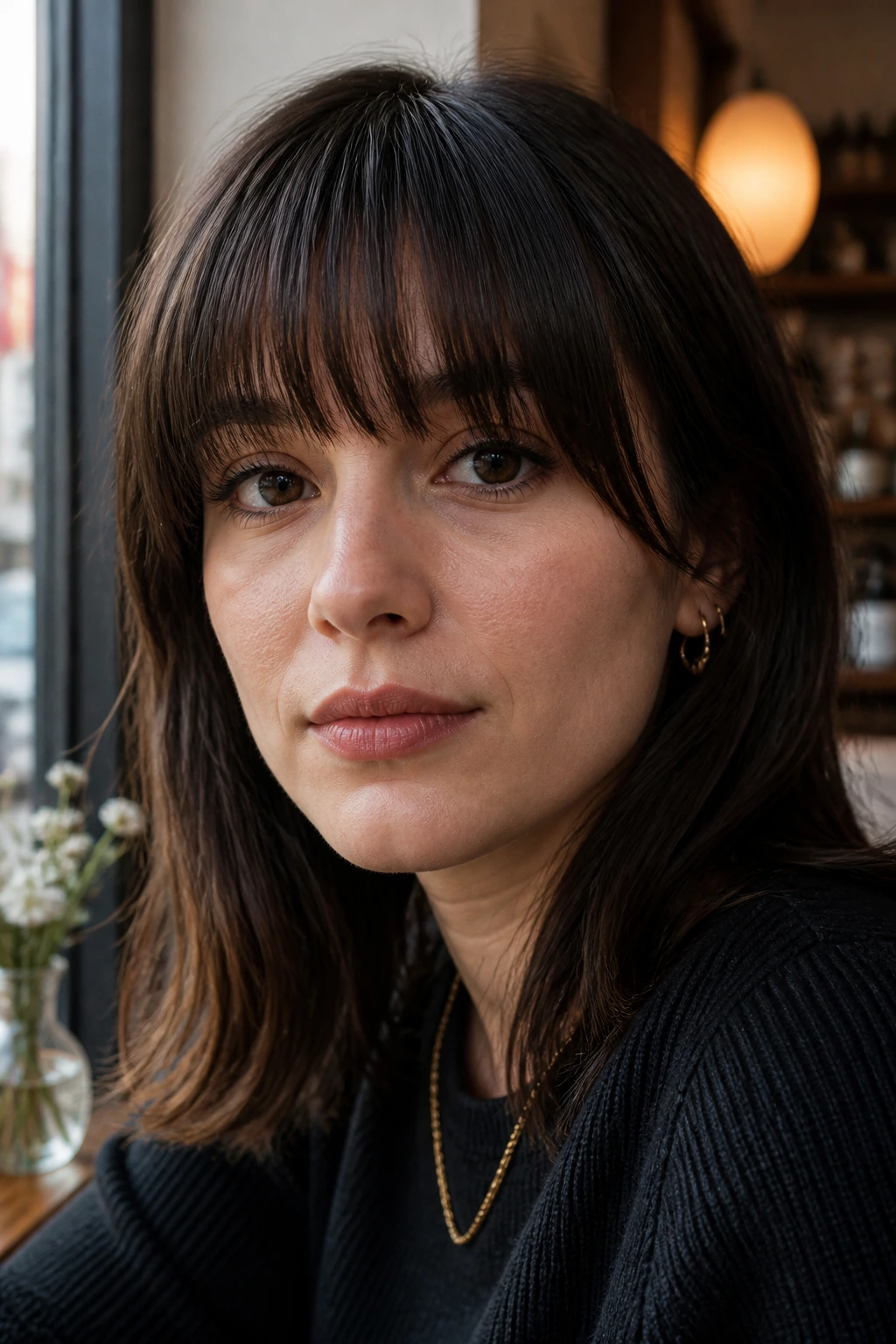 Close-up portrait of a real person with fringe kissing the brow on a square face