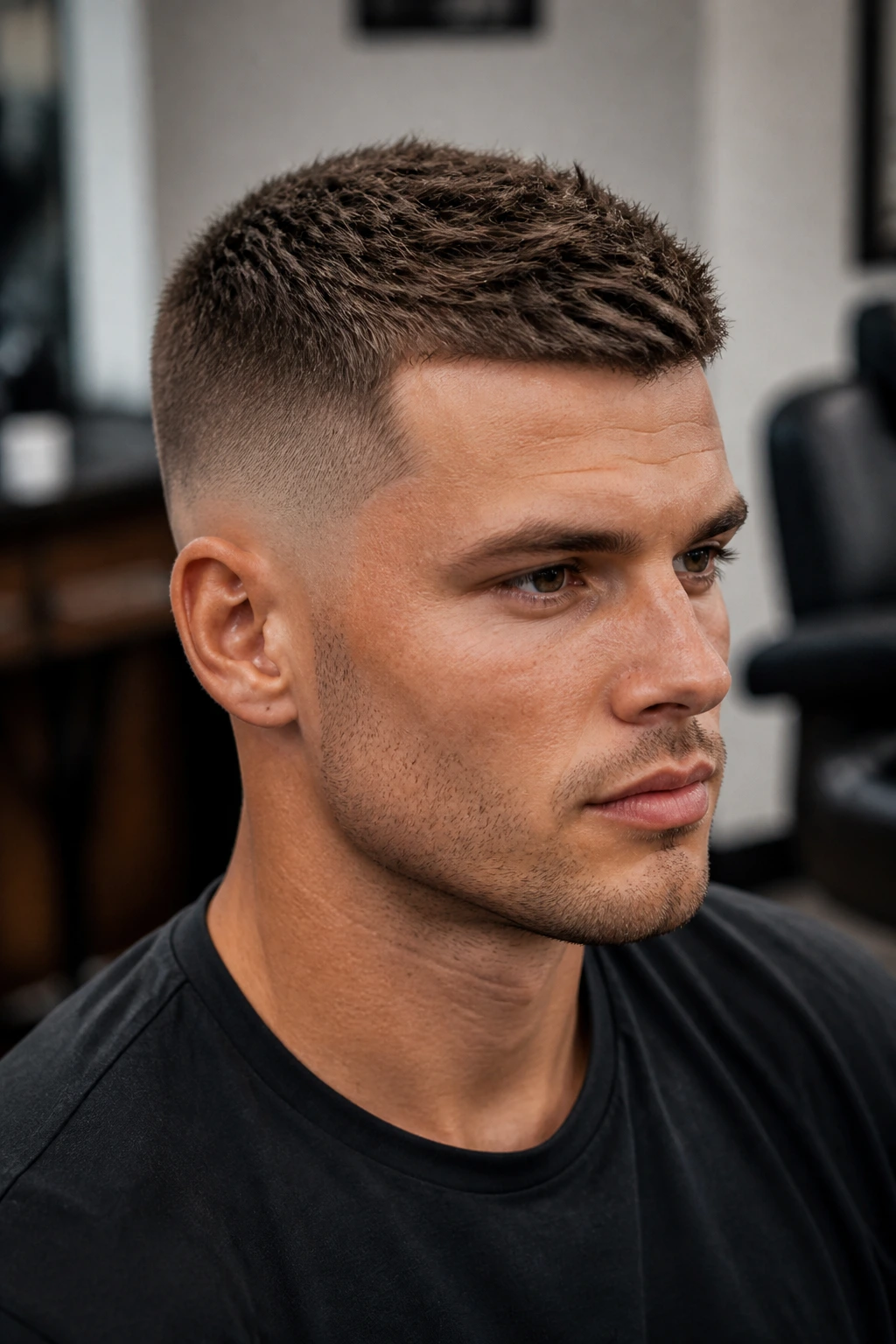 Close-up of a real man with square-face crew cut in a barbershop