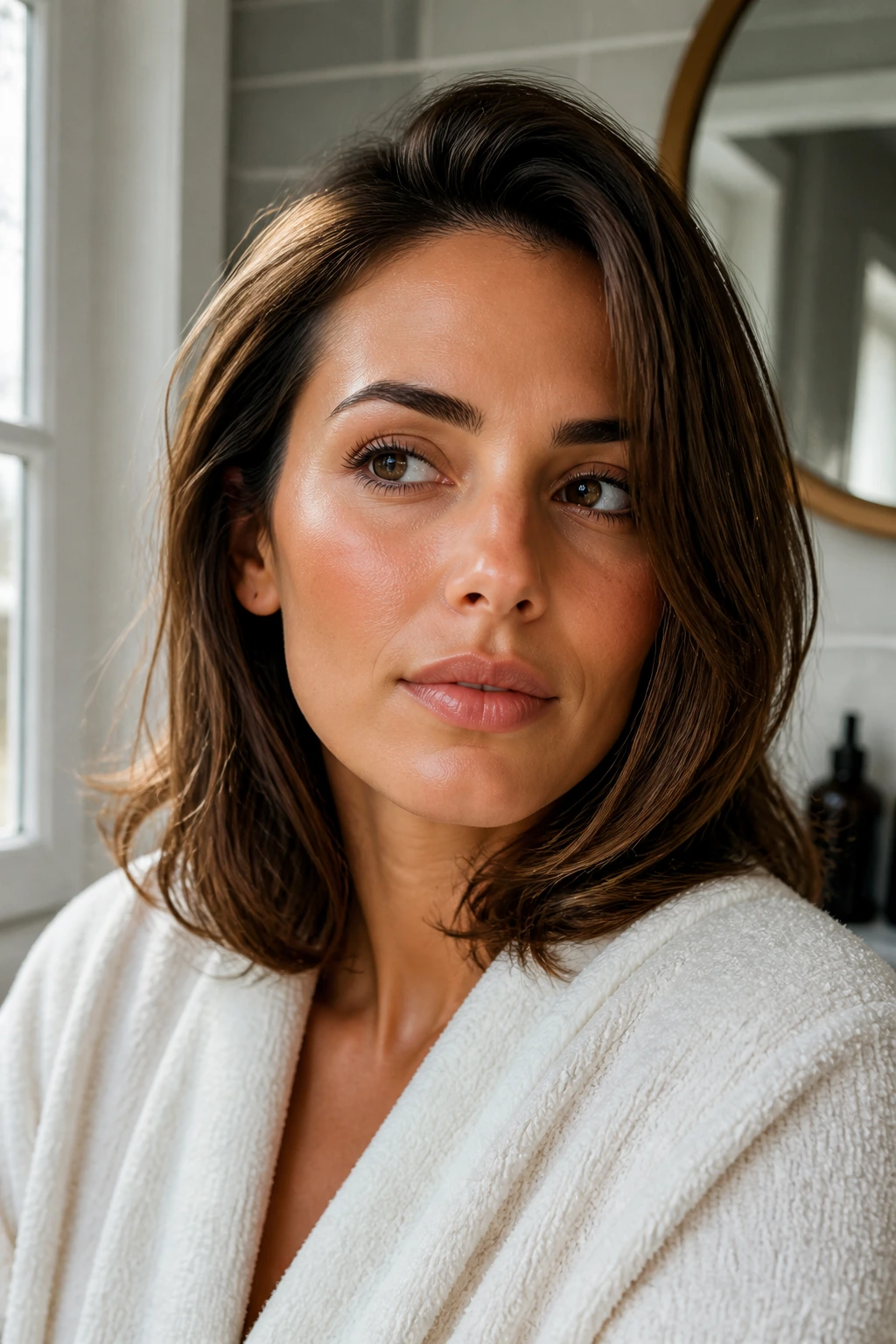 Close-up portrait of a real person with a side-parted medium-length hairstyle in soft morning light