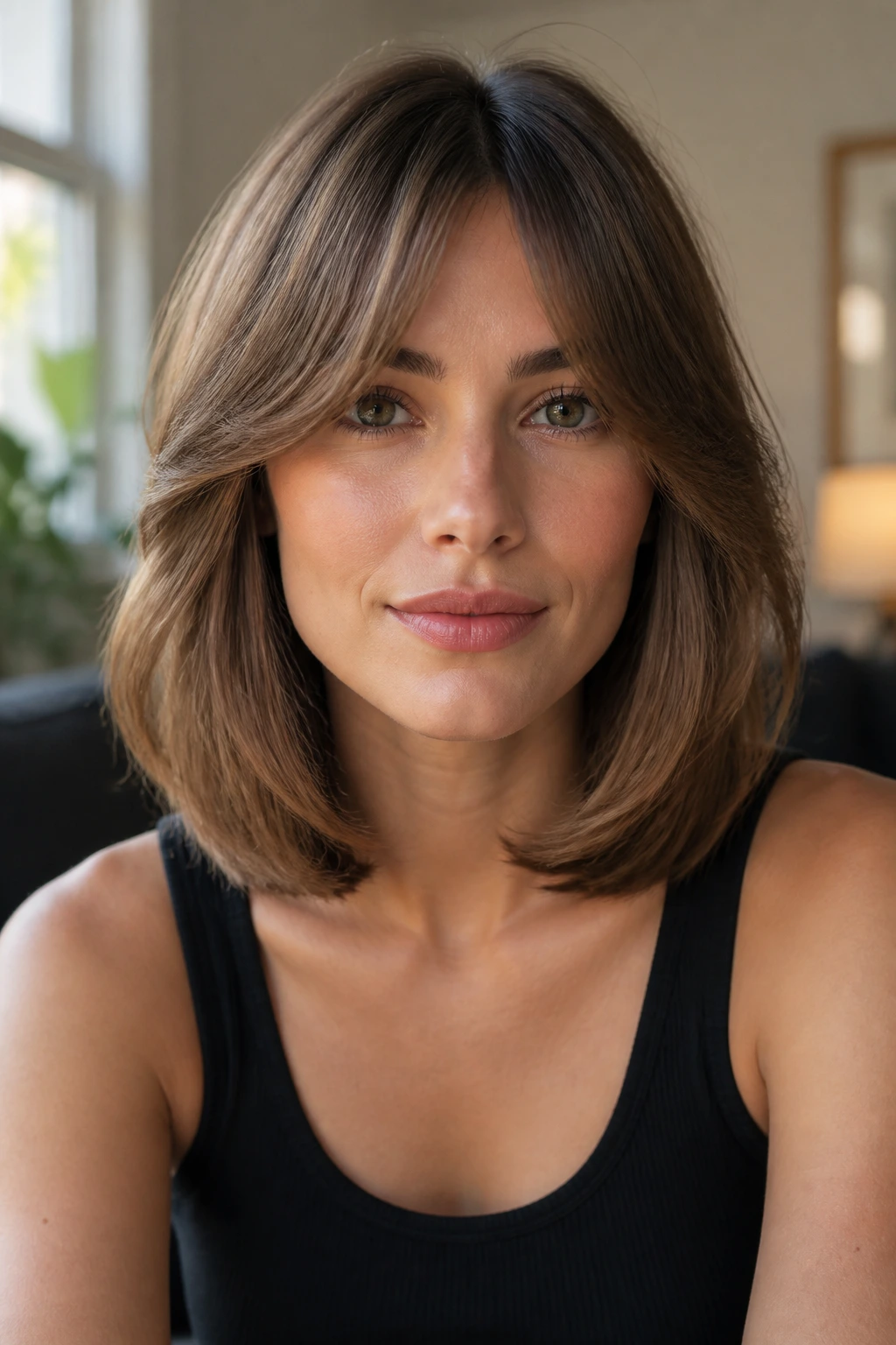 Close-up portrait of a real person with square-face lob and softly tapered curtain bangs in natural window light