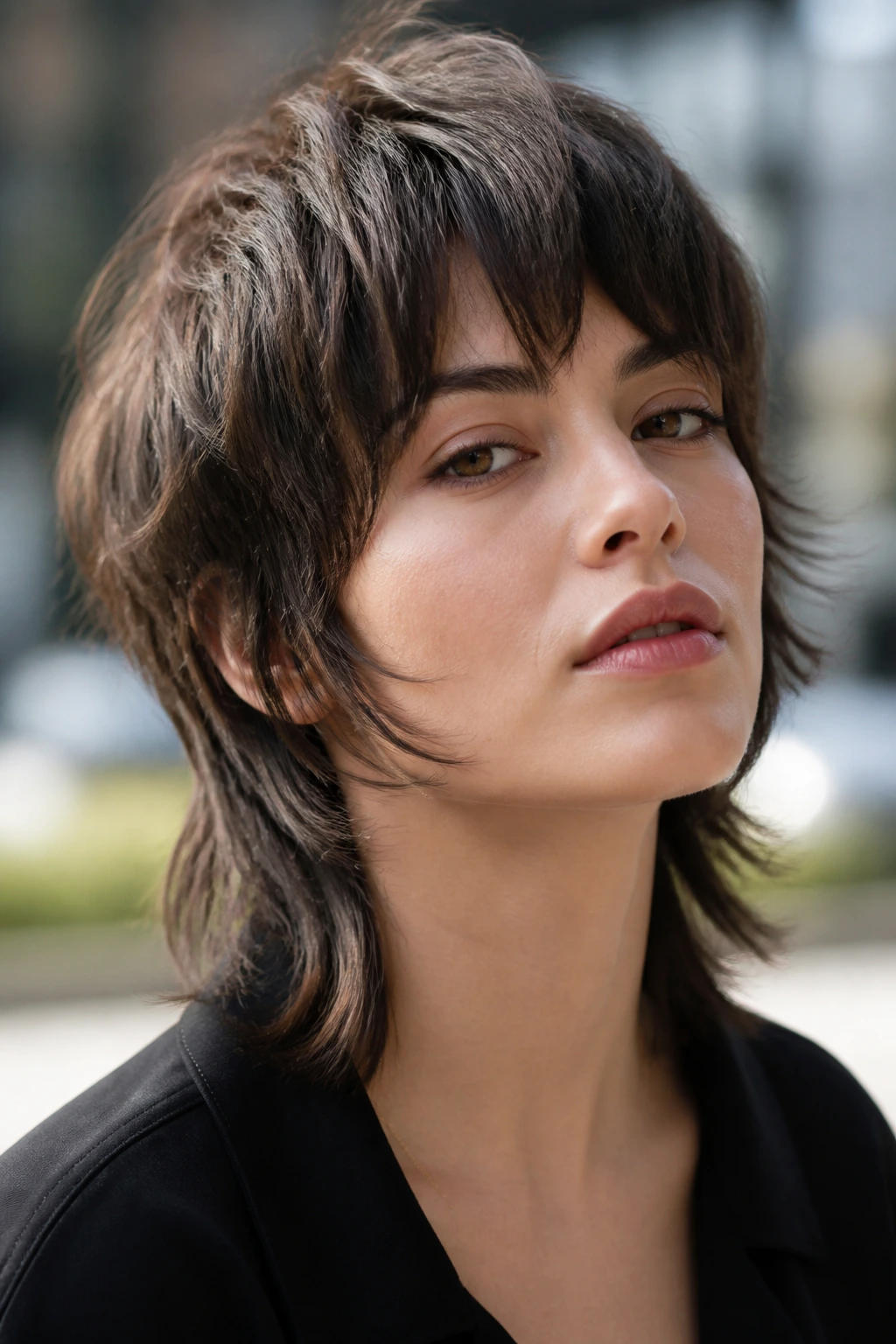 Close-up portrait of a real person with square-face softener mullet in soft daylight