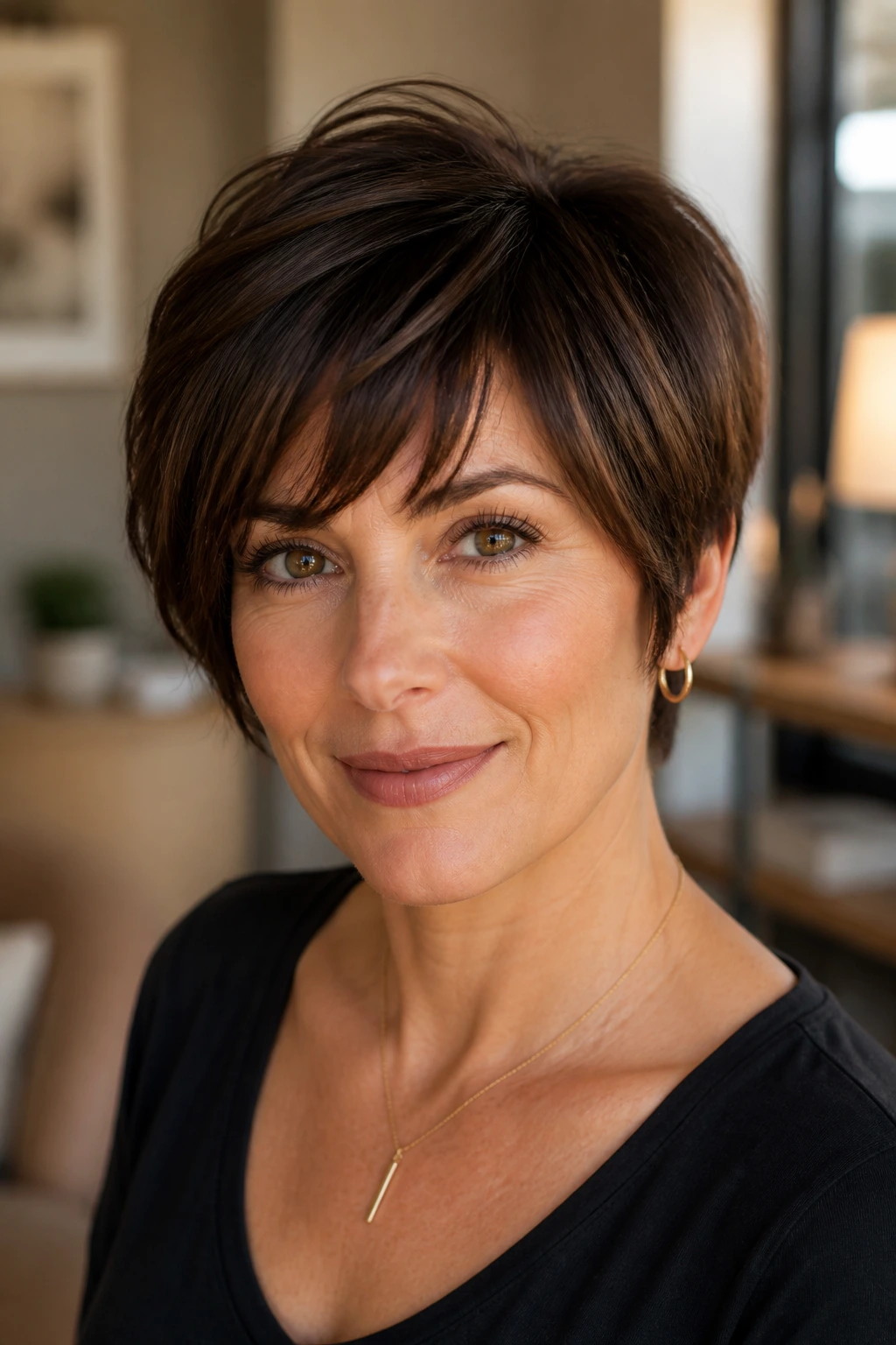 Close-up portrait of a real person wearing Square-Face Softening Pixie Bob with curved fringe