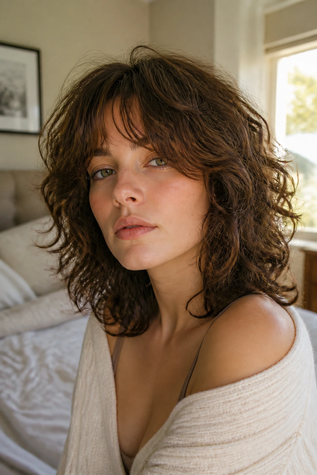 Close-up of a real woman with square-face shag and soft fringe, warm daylight in a bedroom