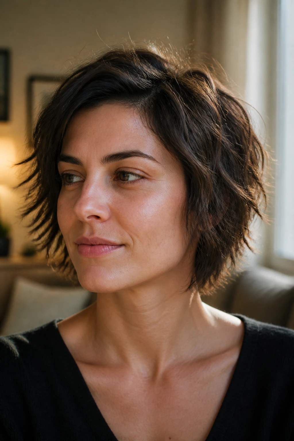 Close-up portrait of a real person with a short shaggy cut on a square face, no bangs, warm window light