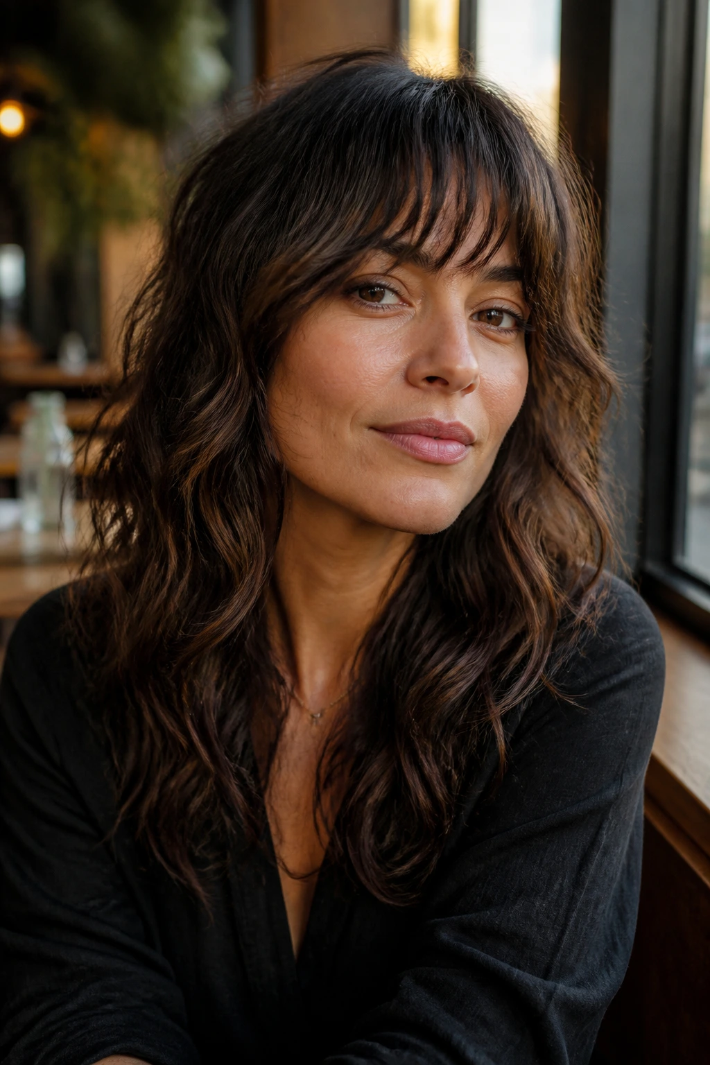 Close-up of a real person with square-face shag and soft corner breaks