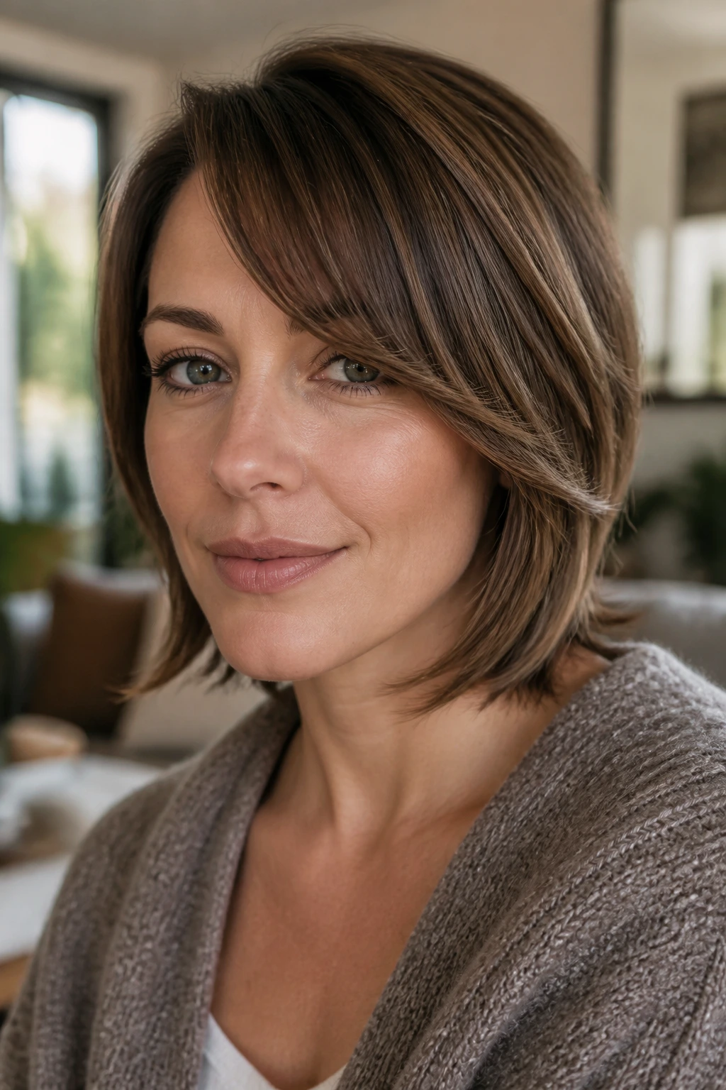 Close-up portrait showing a soft curved side bang that softens a square face on a real woman.