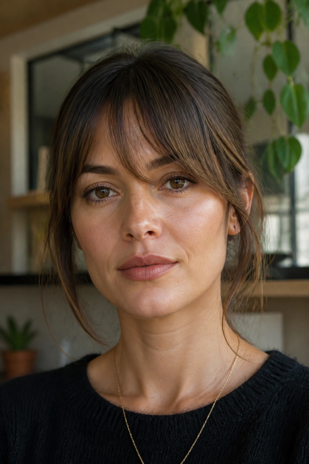 Close-up of a real woman with soft wispy bangs softening a square-face