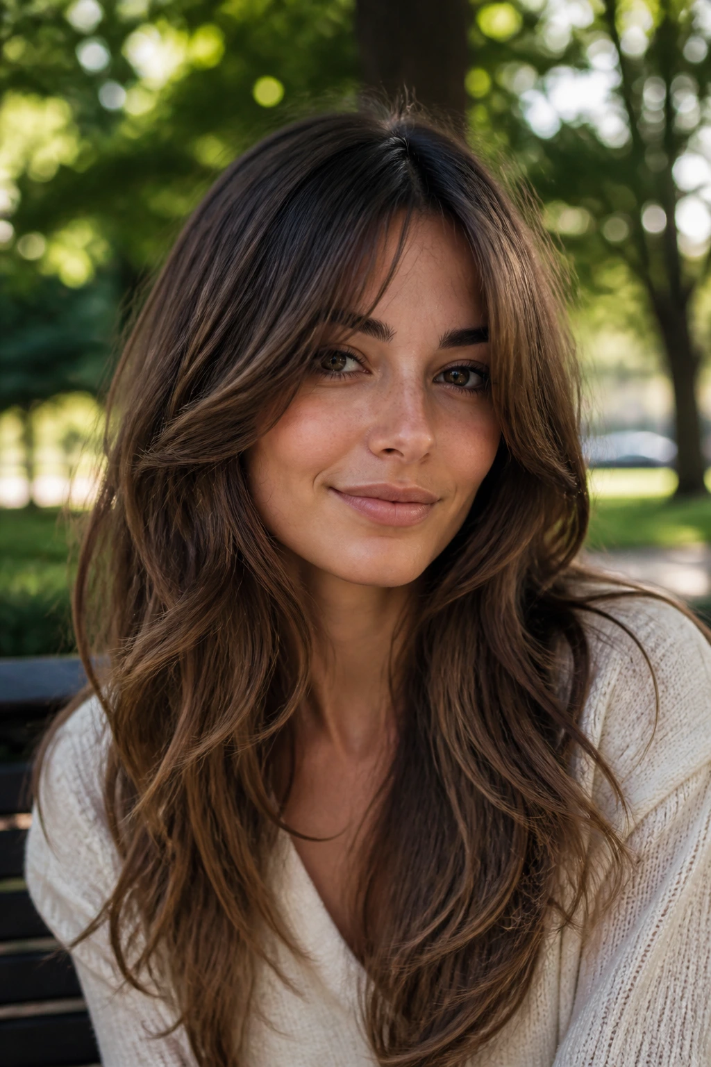 Close-up of a real woman with square-face softening long layers and soft waves