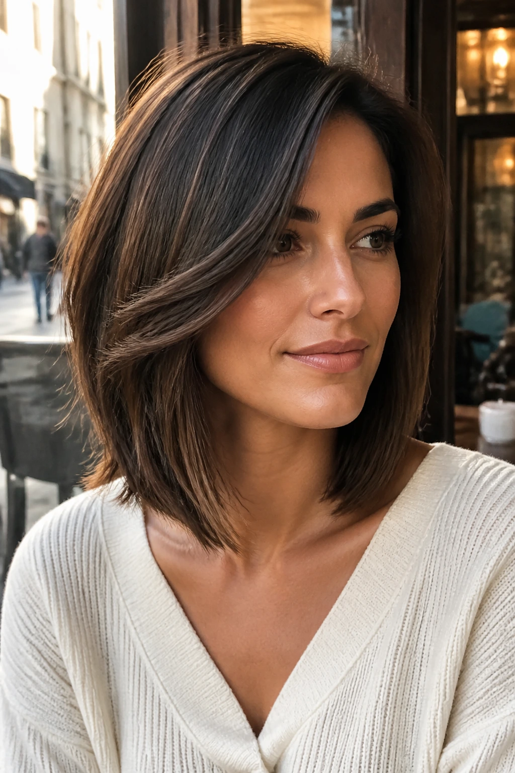 Three-quarter portrait of a real woman with a softening lob for square faces in urban light.