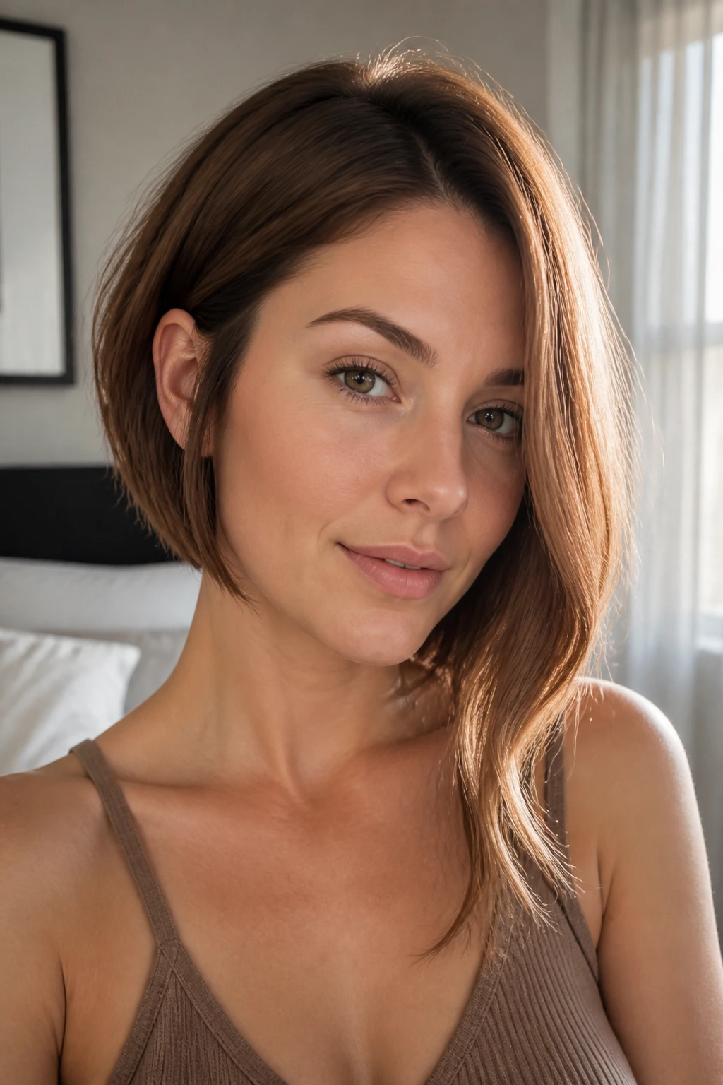 Close-up portrait of a real woman wearing a square-jaw softening bob with a long front and shorter opposite side.
