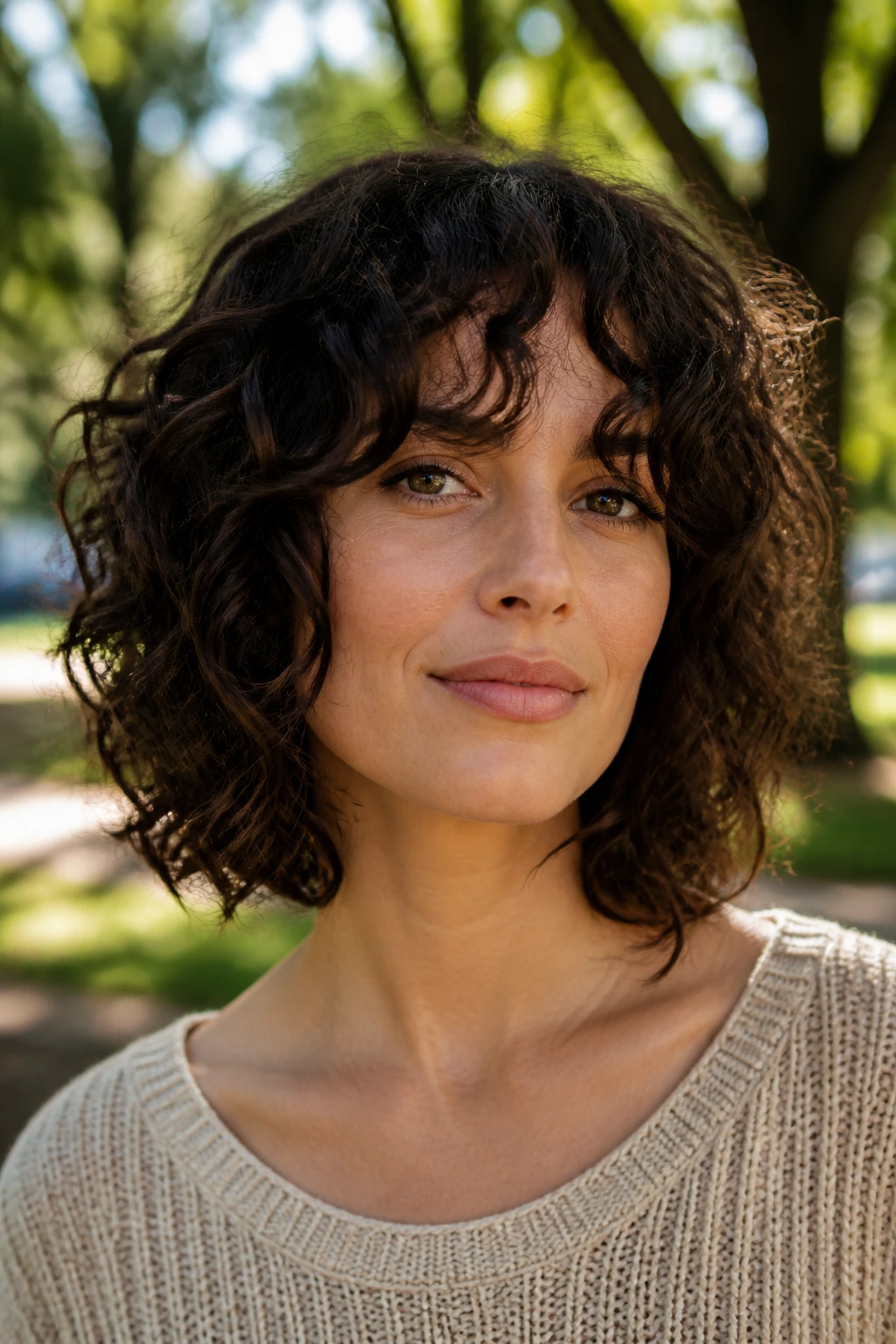 Close-up of a real woman with a curly lob around a square jaw with curved outline