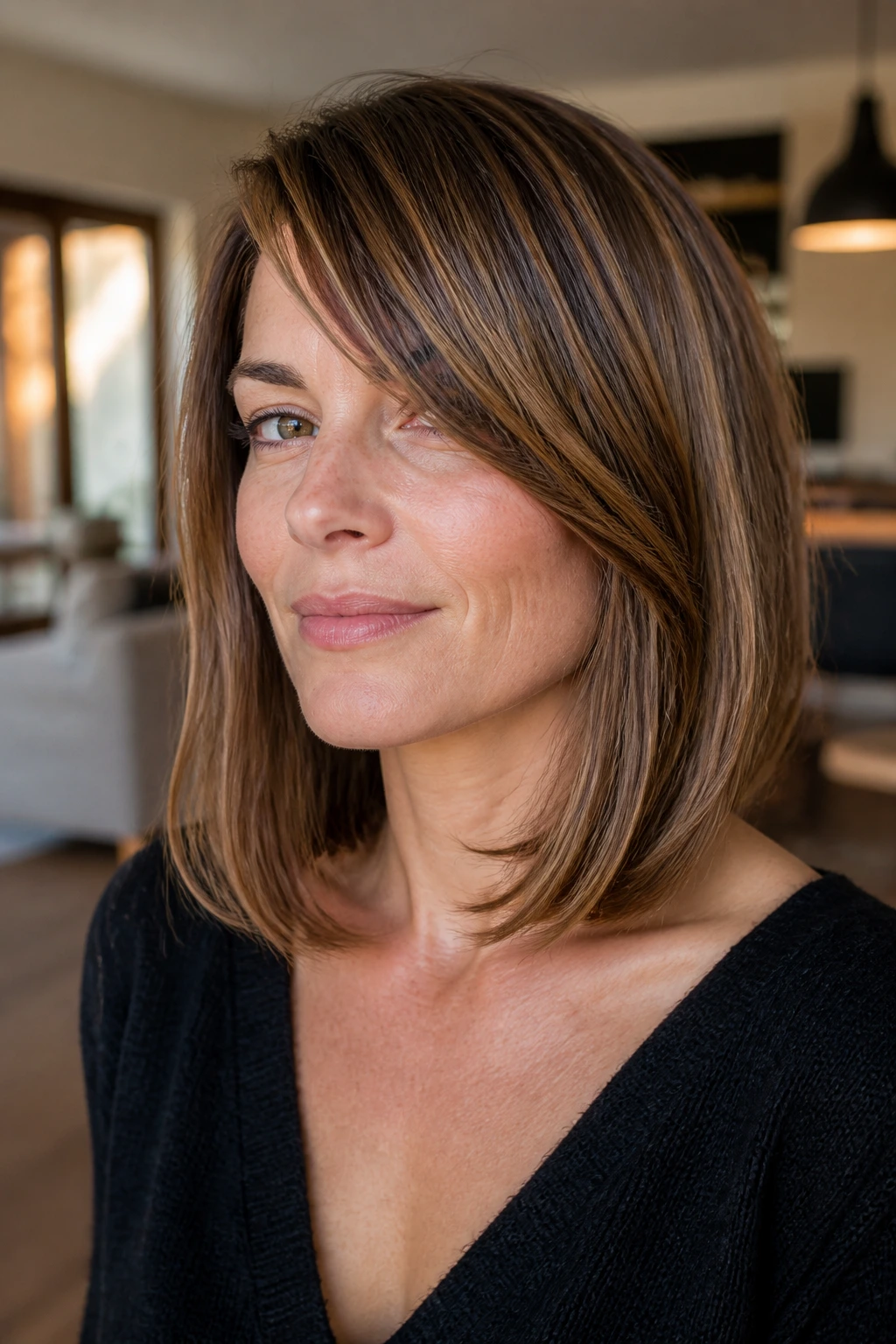 Portrait of a real woman with square-jaw lob and draped side fringe