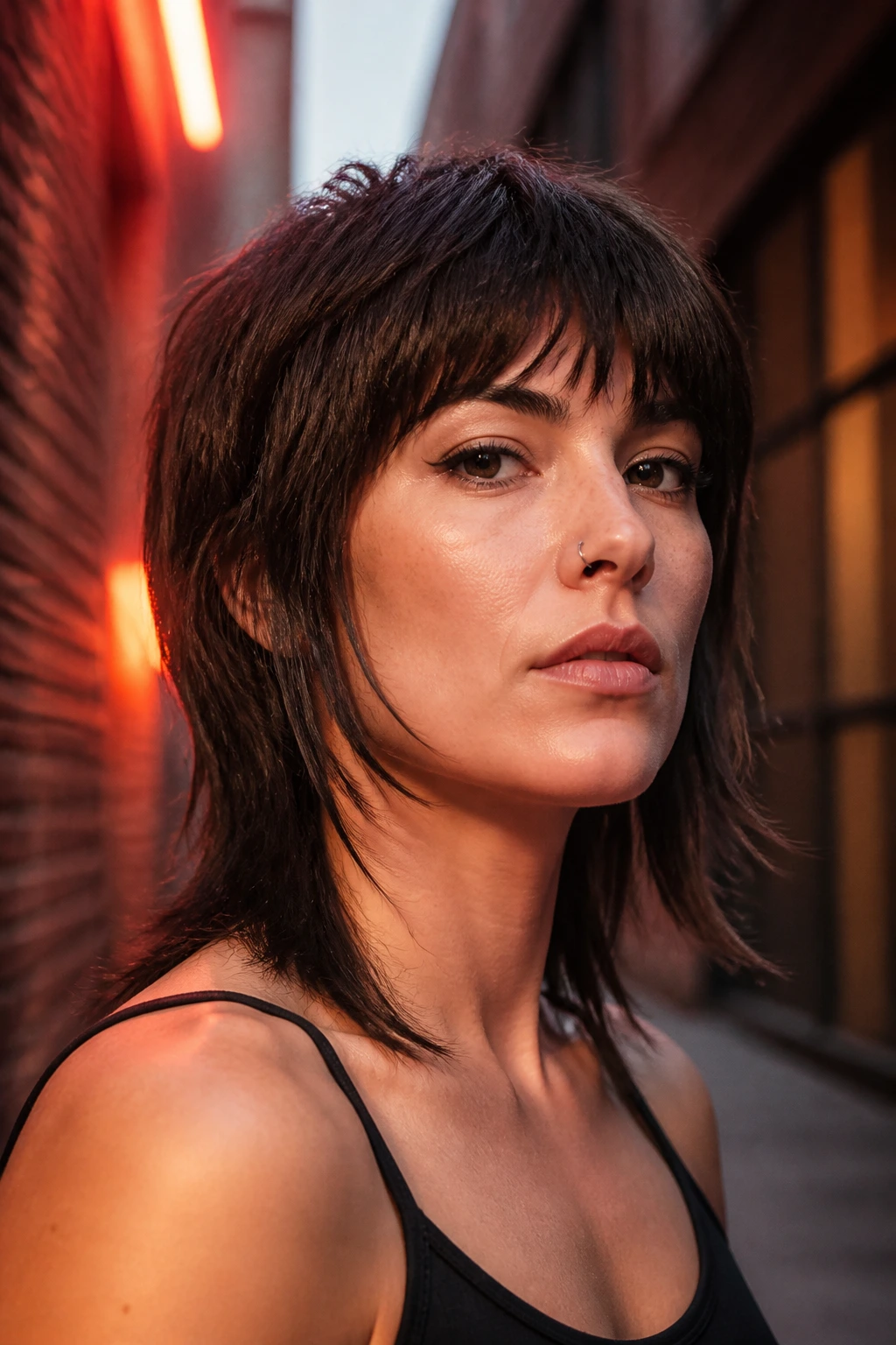 Close-up portrait of a real woman with square-jaw soft-angle mullet highlighting diagonal jaw-softening layers
