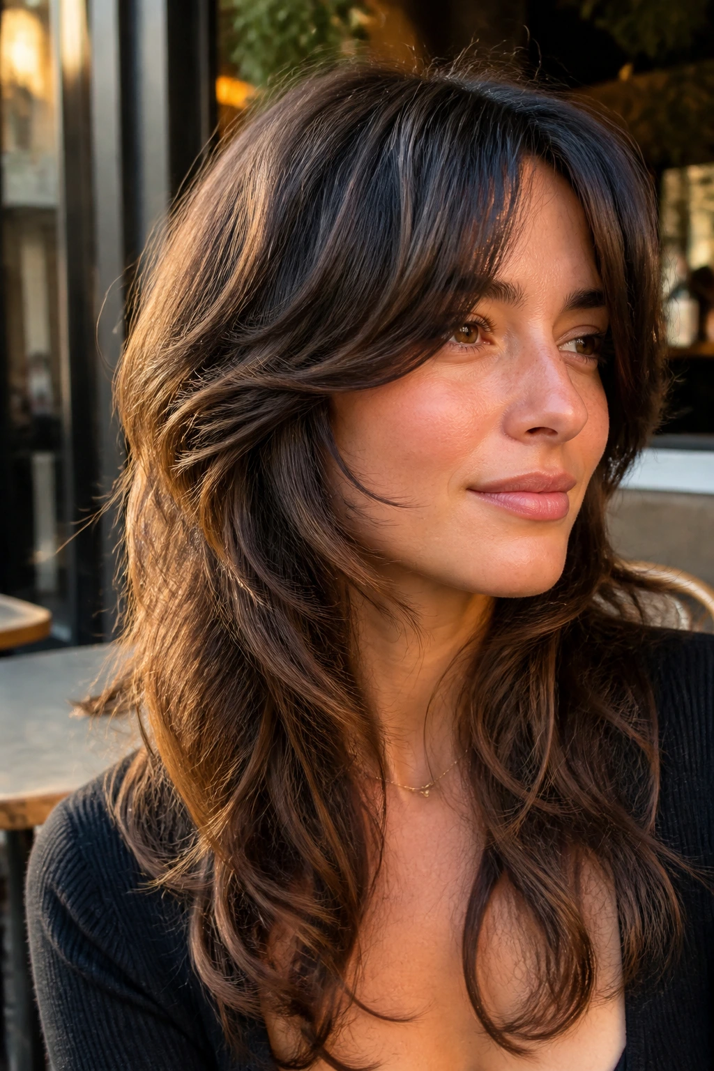 Portrait of a real woman with square-jaw softening shag and curved layers.