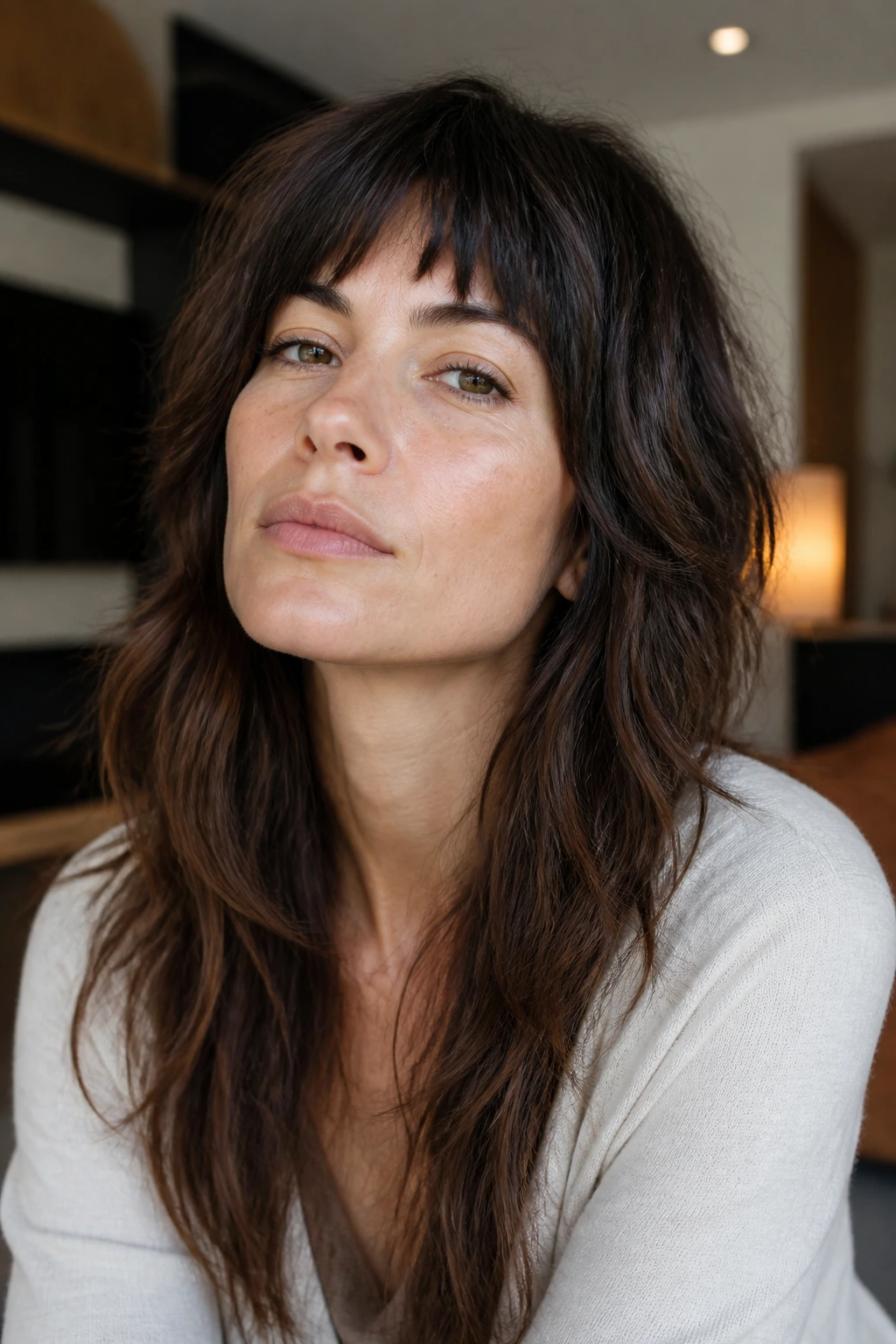 Close-up portrait of a real woman with broken fringe for square jaw