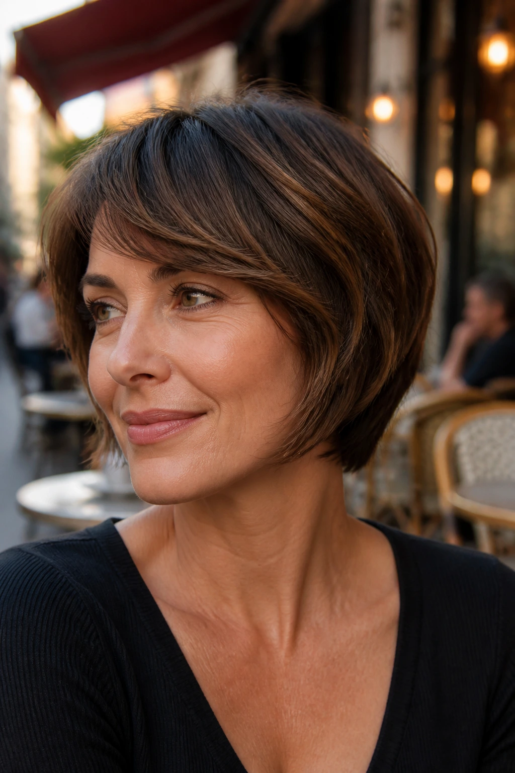 Close-up of a woman with square-jaw softened crop and curved layers
