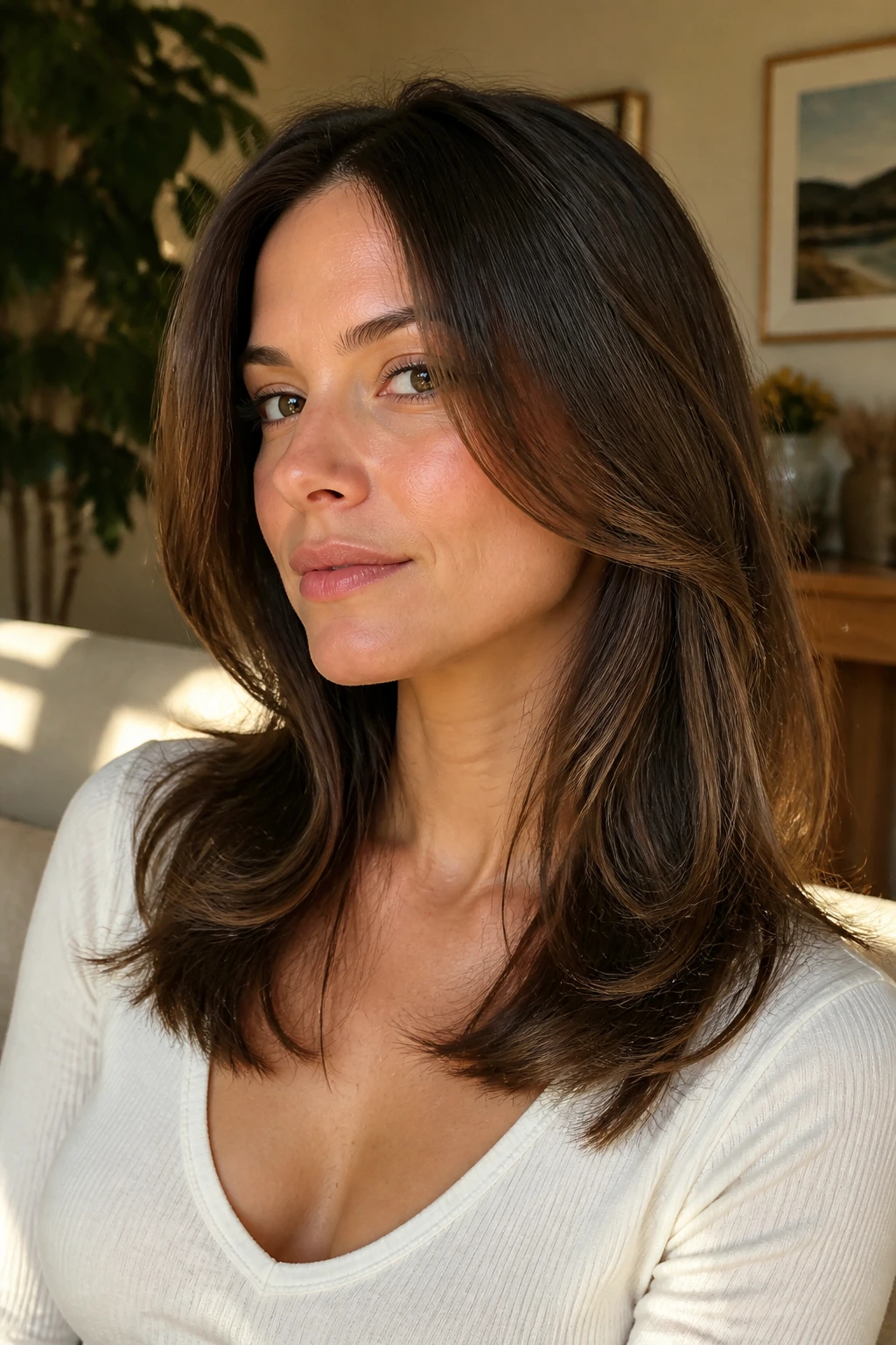 Close-up of a real woman with soft front hair layers curving around a square jaw