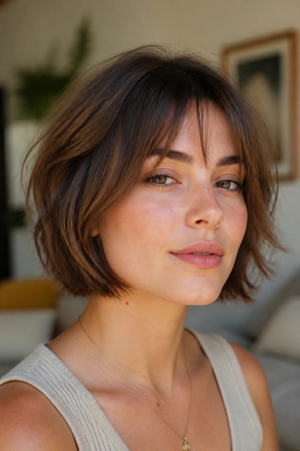Close-up of a real person with square-jaw softening butterfly layers and wispy bangs