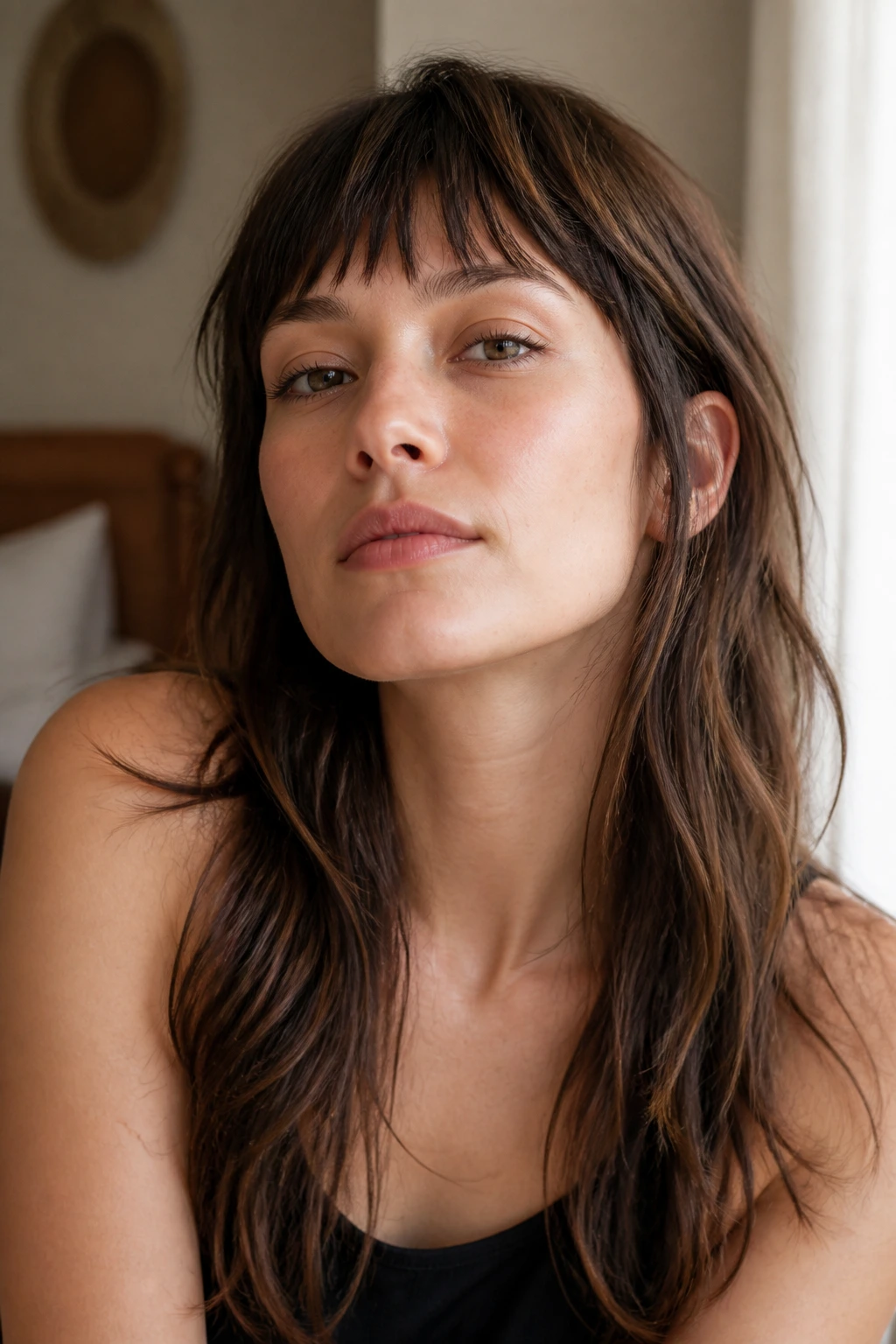 Close-up of a real woman with soft choppy bangs for a square jawline in warm natural light