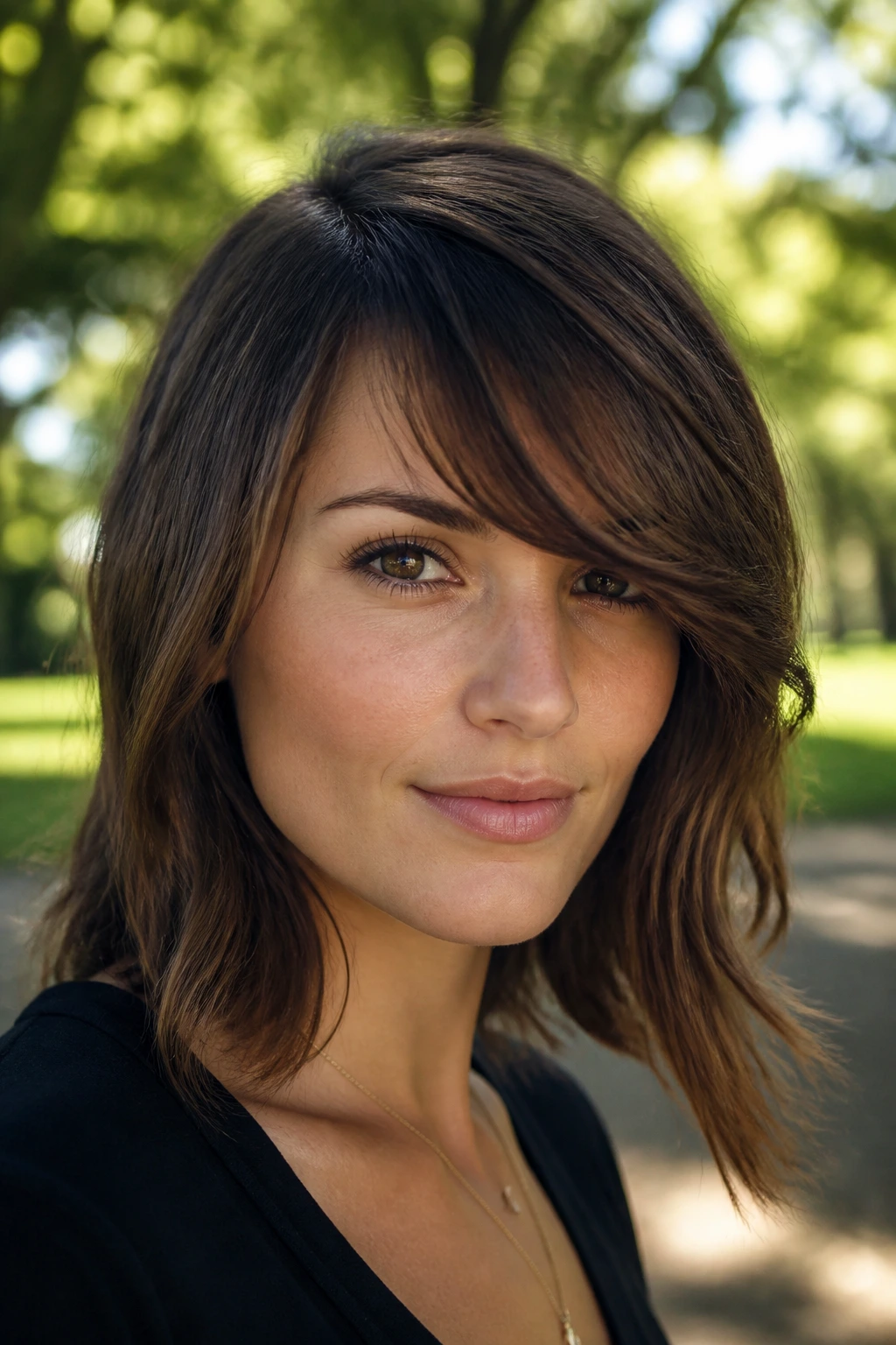 Close-up of real person with side bangs softening a square jawline