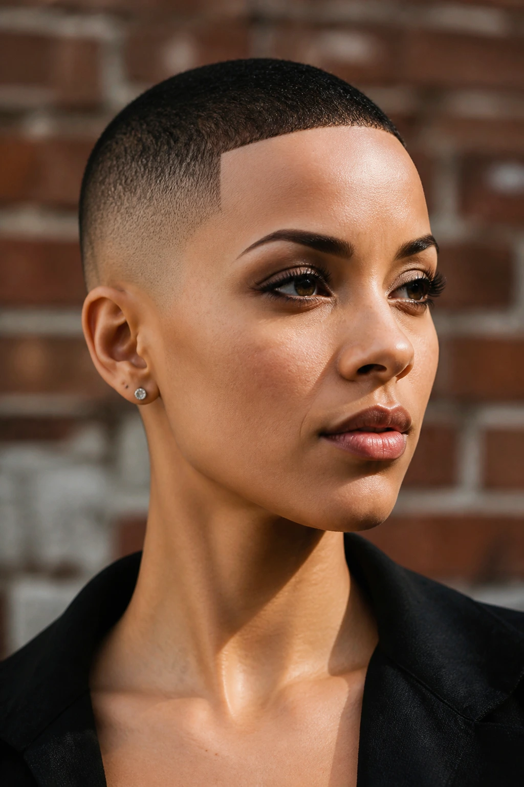 Close-up portrait of a woman with a square-line buzz cut and crisp hairline