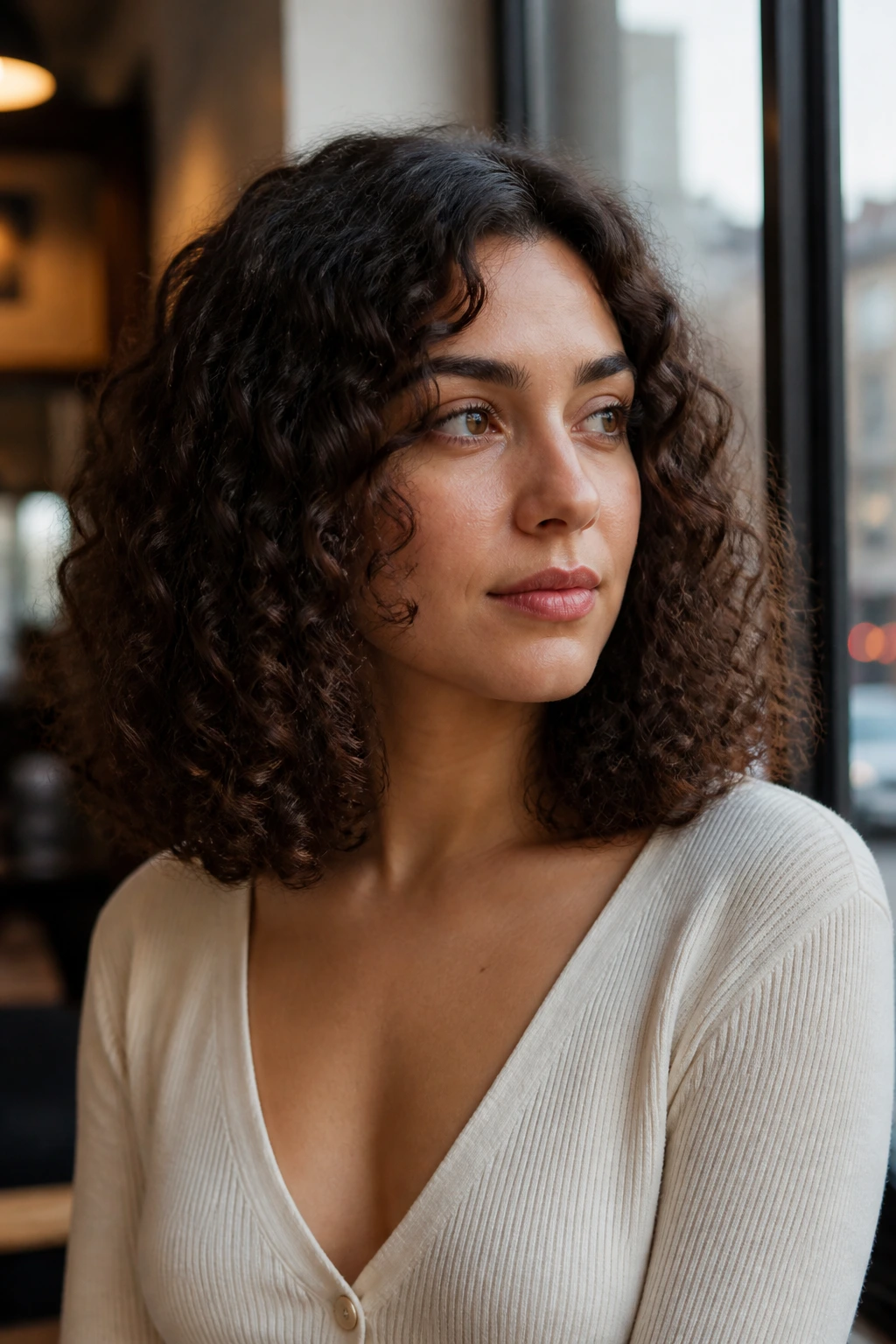 Portrait of a real person with a square shoulder-length curly cut.