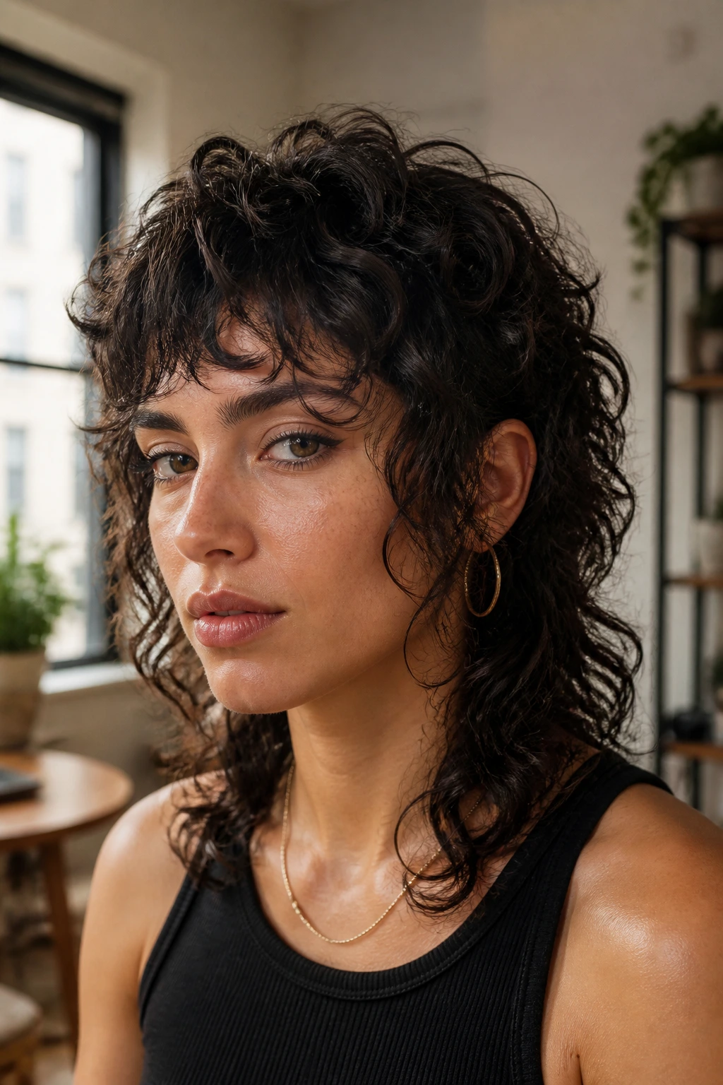 Real person with square-softening curly mullet highlighting soft jawline