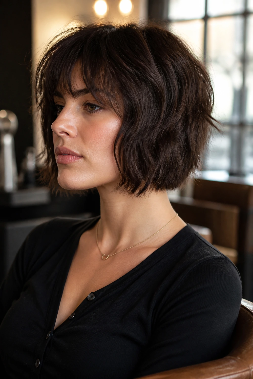 Close-up of a real person with a squared-off shag showing a crisp perimeter in a salon