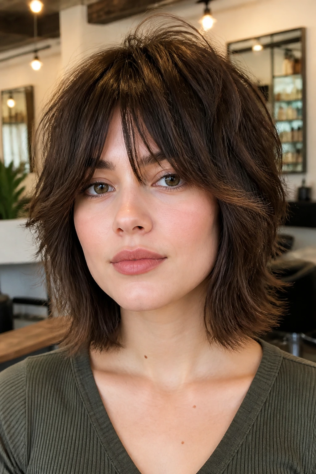 Portrait of a real person with squared-off shag silhouette on a round face