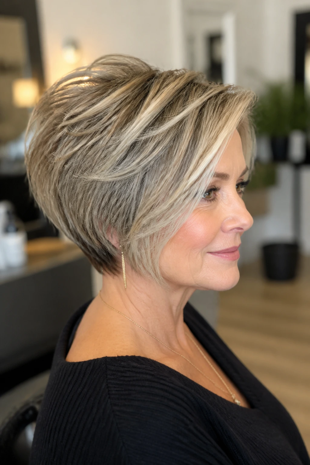 Close-up of a real woman with a stack-back bob showing crown lift