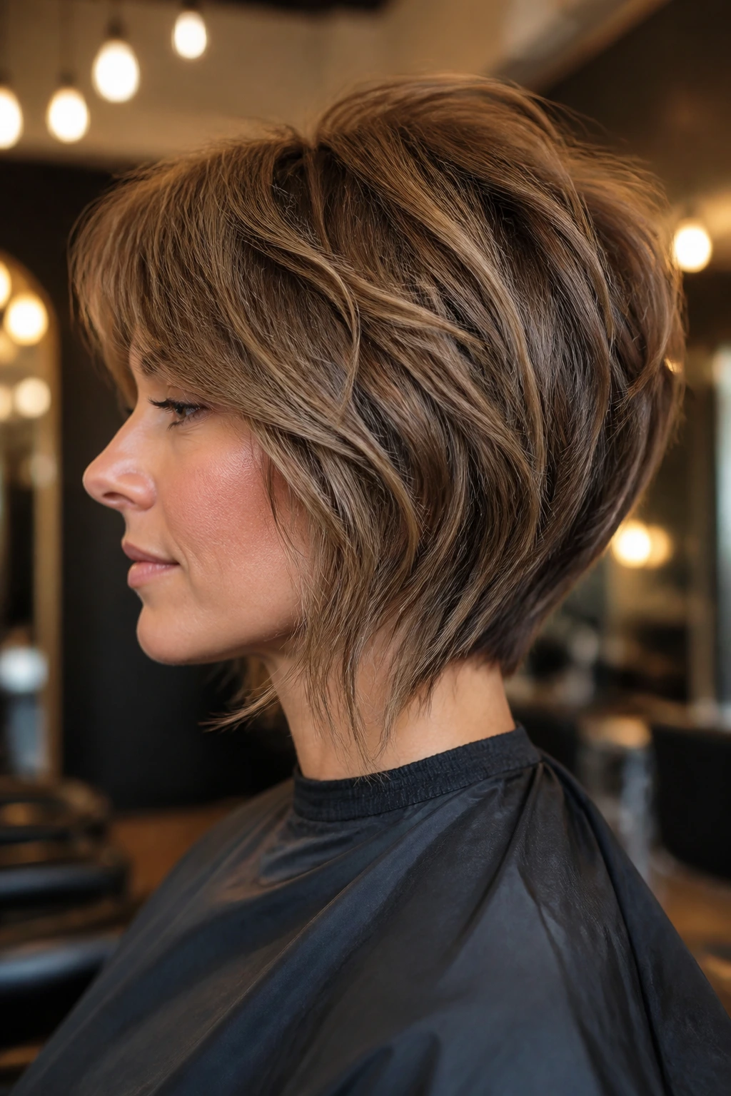 Profile of real person showing stack vs bangs in salon