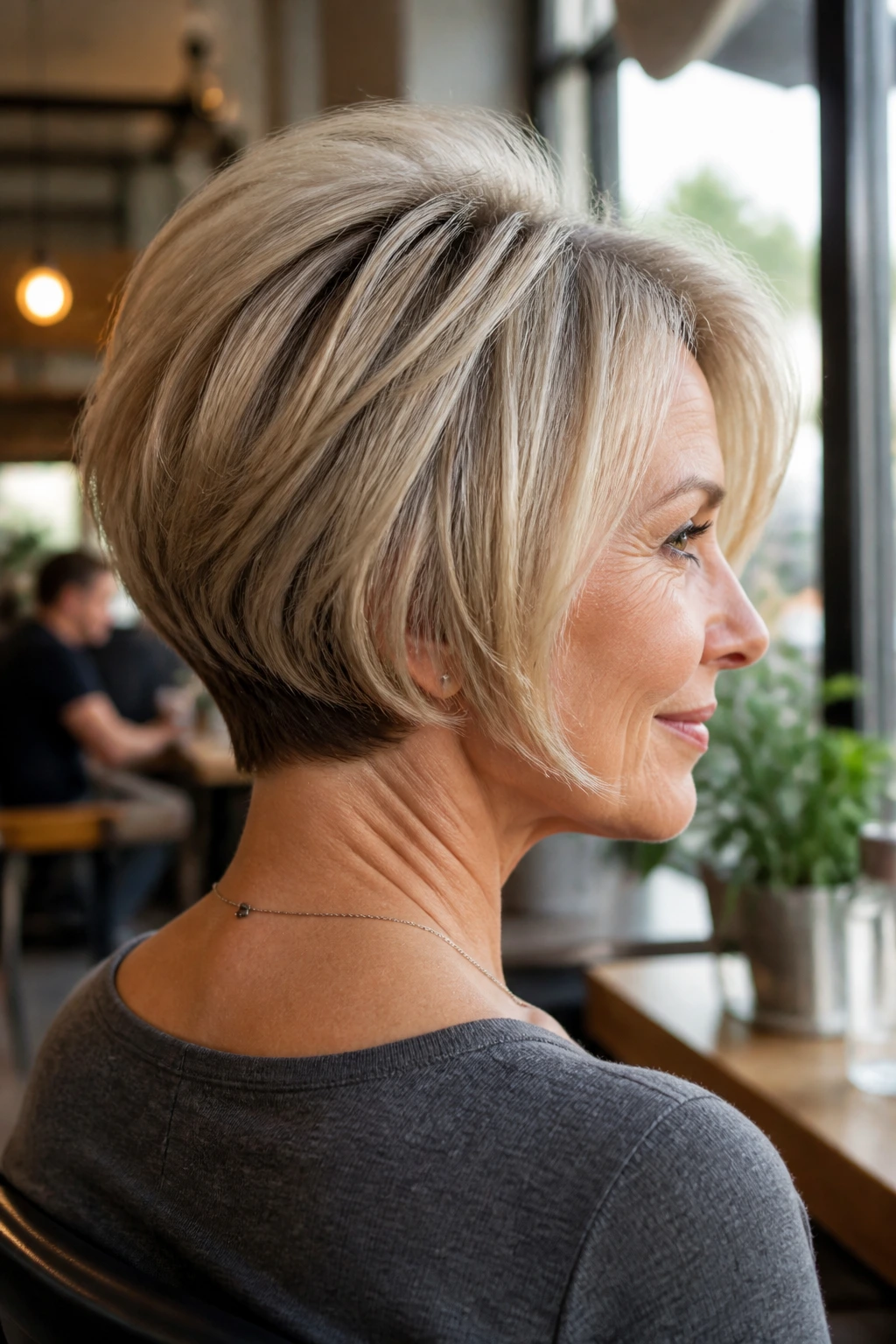 Portrait showing stacked bob weight redistribution and crown lift on a real woman.