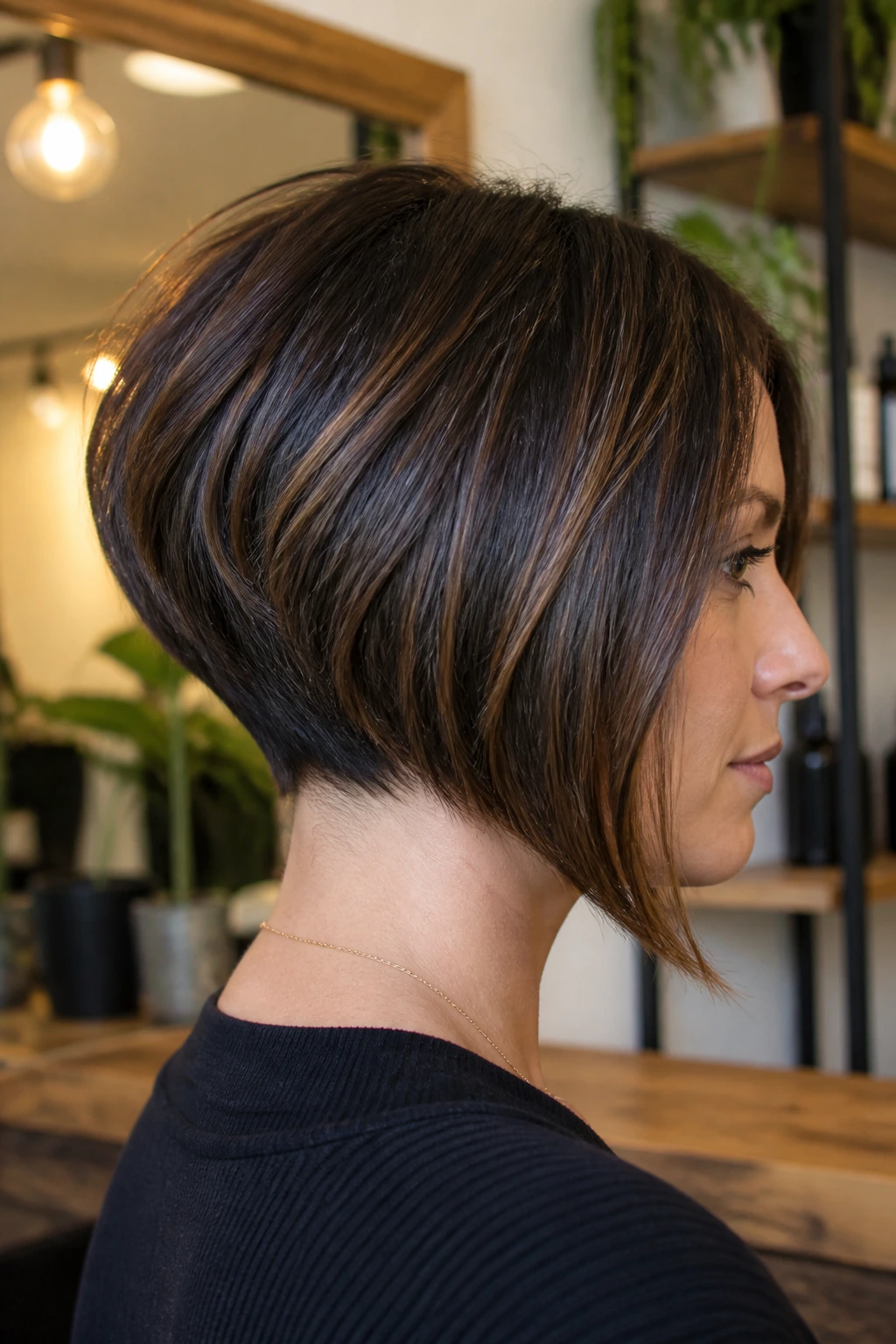 Real woman with stacked asymmetrical A-line bob