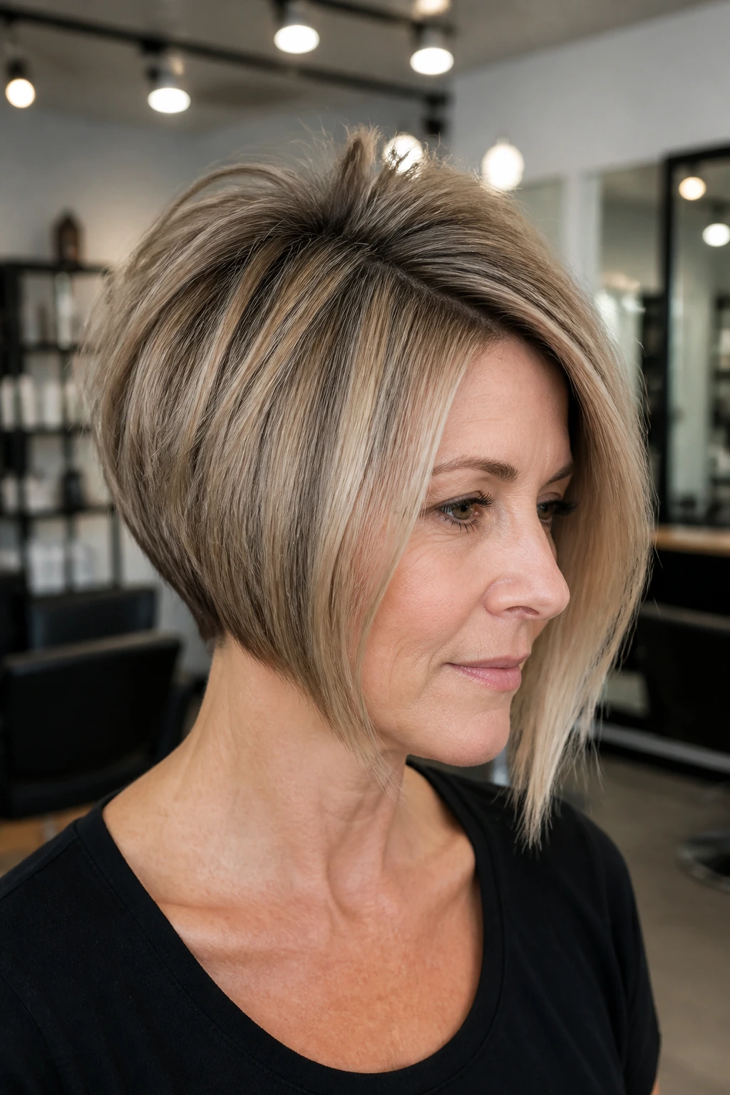Real woman with stacked asymmetrical bob in a modern salon