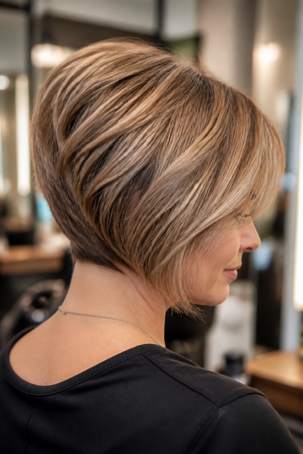 Three-quarter portrait of a woman with a stacked back bob highlighting crown lift
